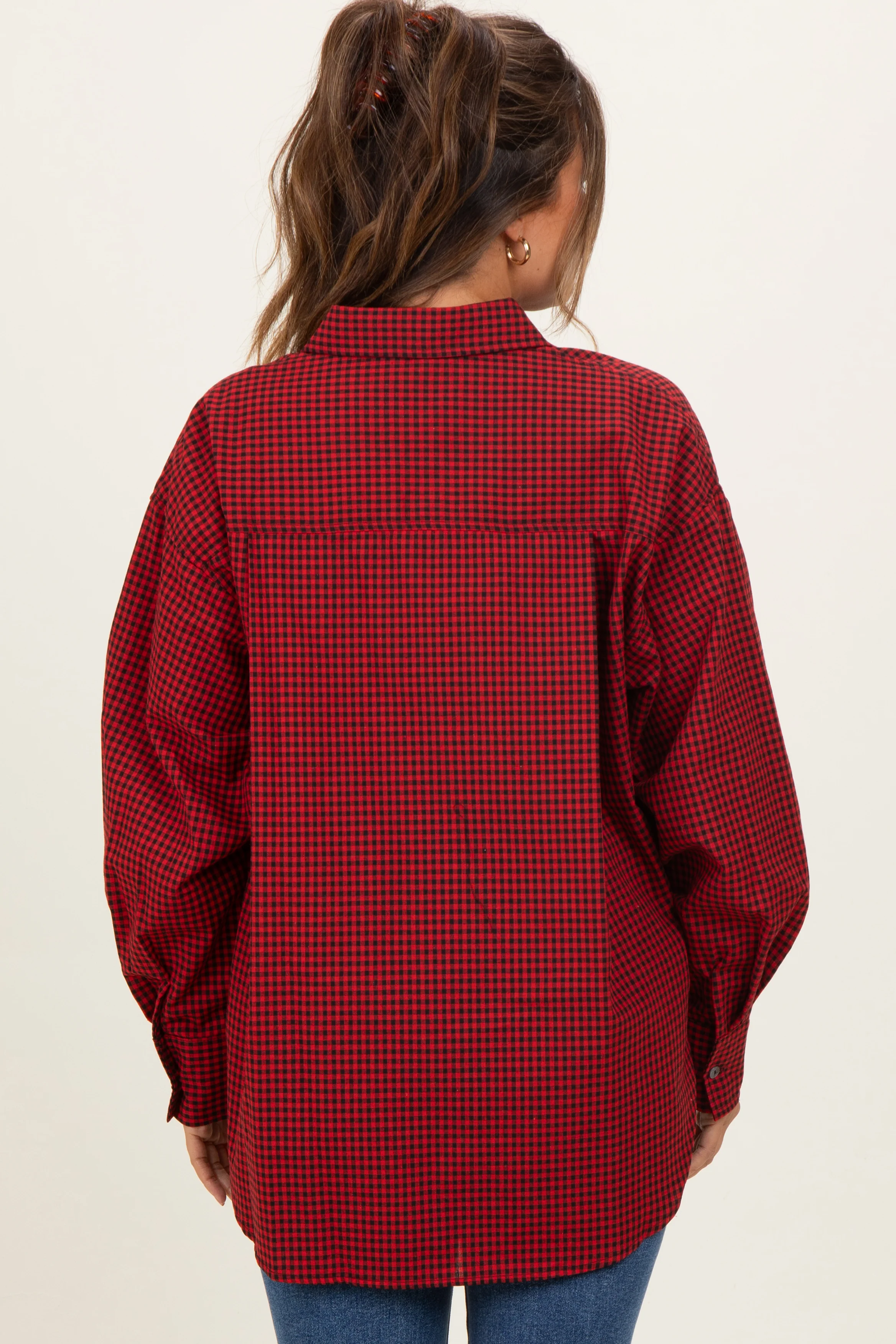 Red Plaid Linen Blend Maternity Button Down Shirt - Image 4