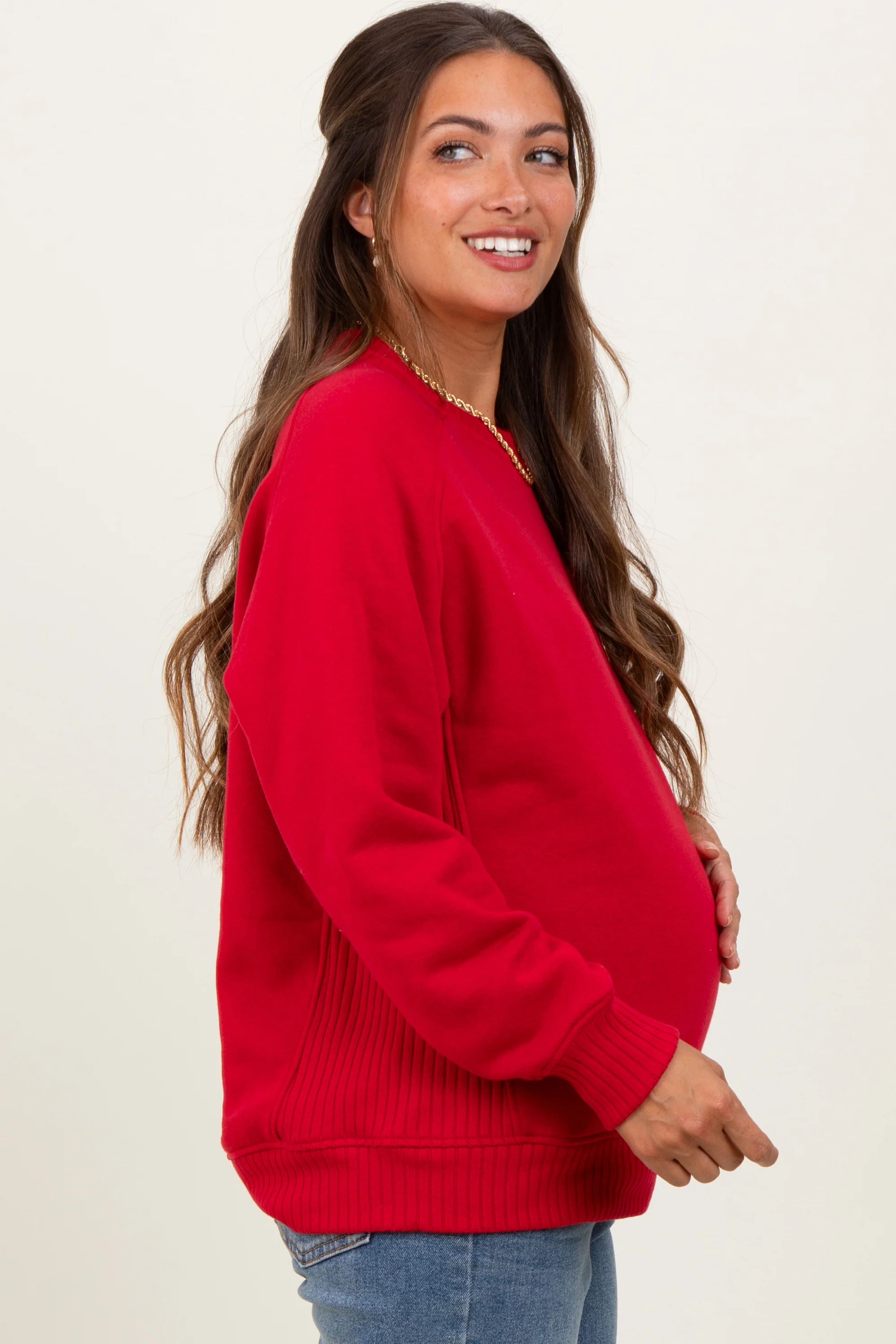 Red Pullover Maternity Terry Crewneck - Image 3