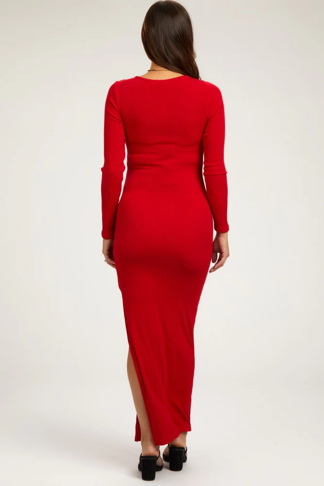 Red Ribbed Long Sleeve Side Slit Maternity Maxi Dress - Image 3
