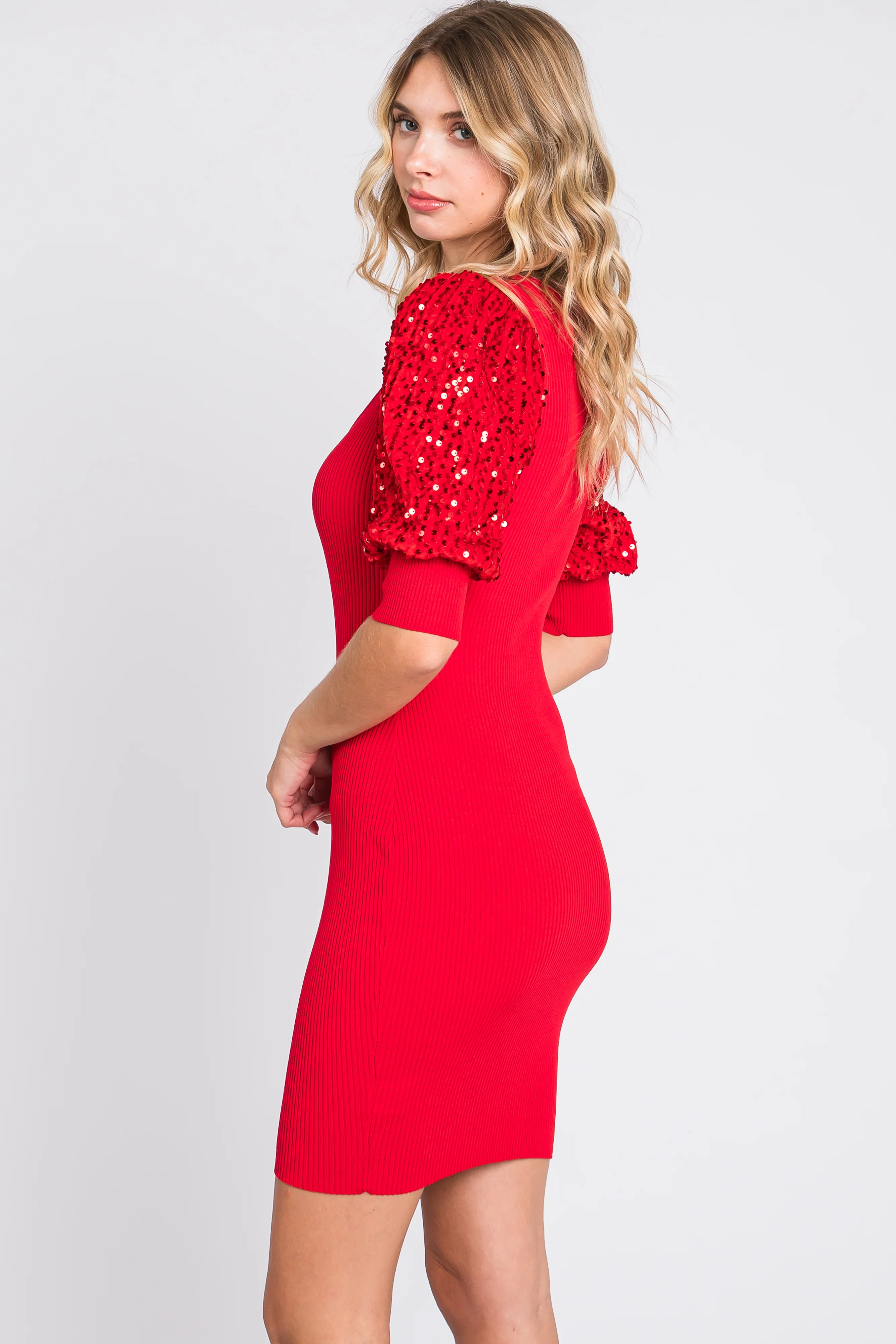 Red Ribbed Sequin Puff Sleeve Dress - Image 2