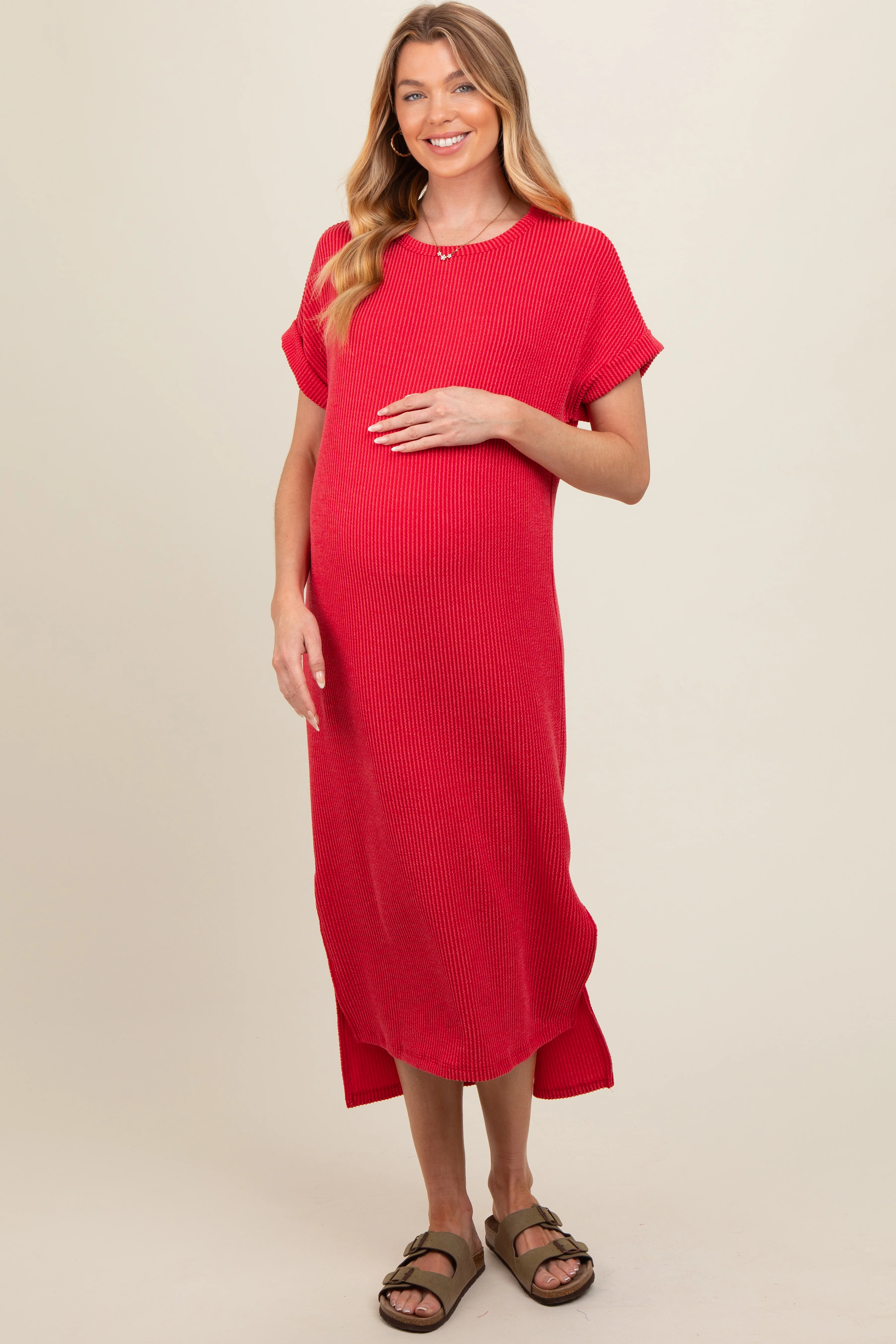 Red Ribbed Short Sleeve Maternity Midi Dress - Image 2