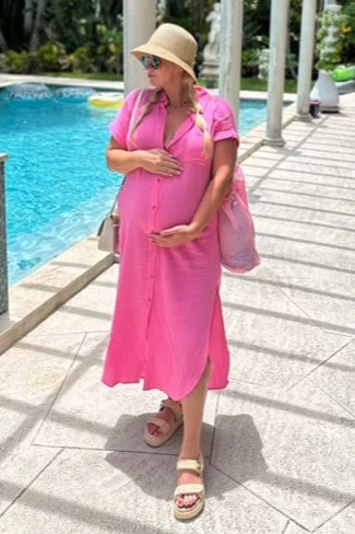 Red Ribbed Short Sleeve Maternity Midi Dress - Image 7