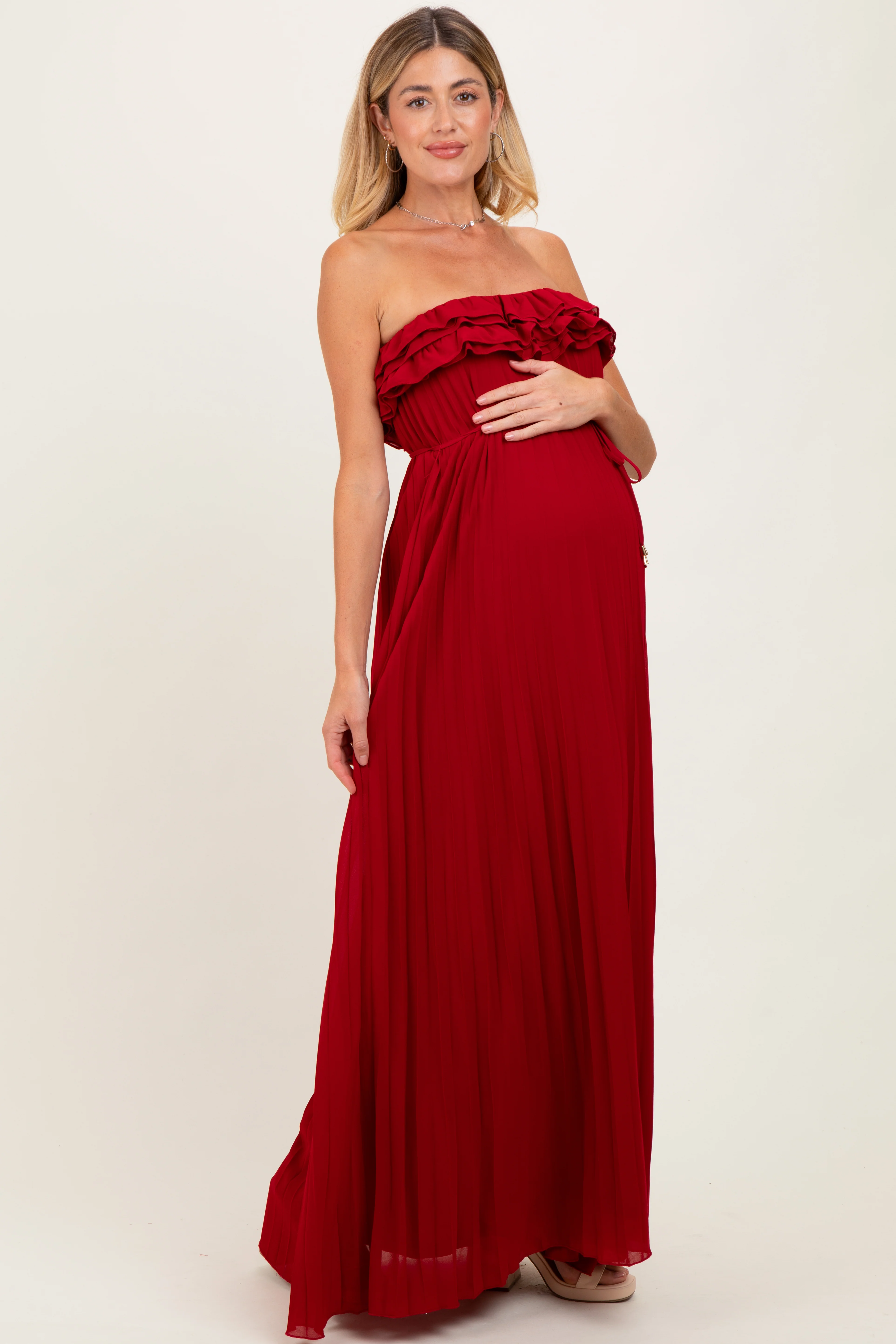 Red Ruffled Chest Pleated Maternity Maxi Dress With Self Tie - Image 3