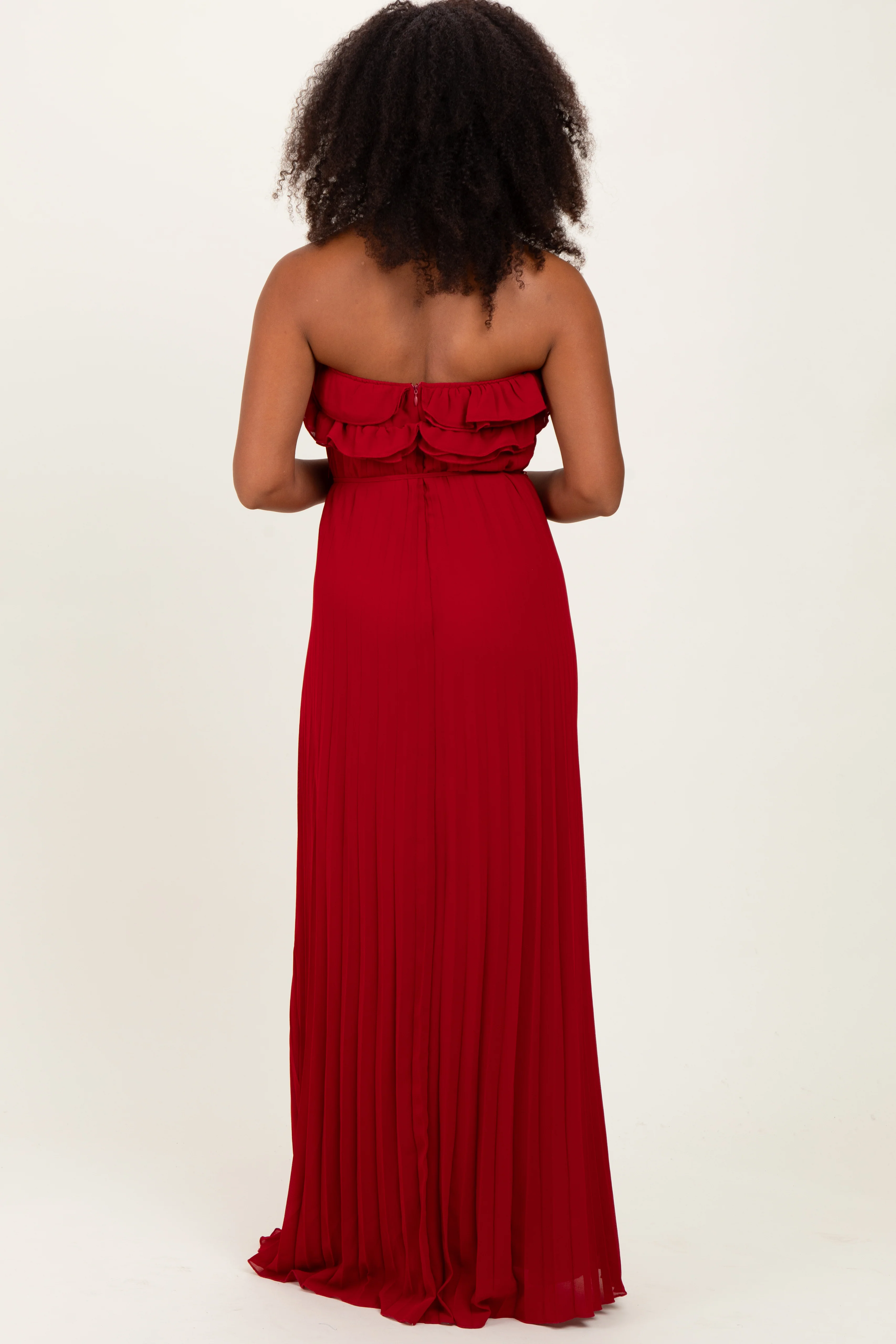 Red Ruffled Chest Pleated Maxi Dress With Self Tie - Image 4