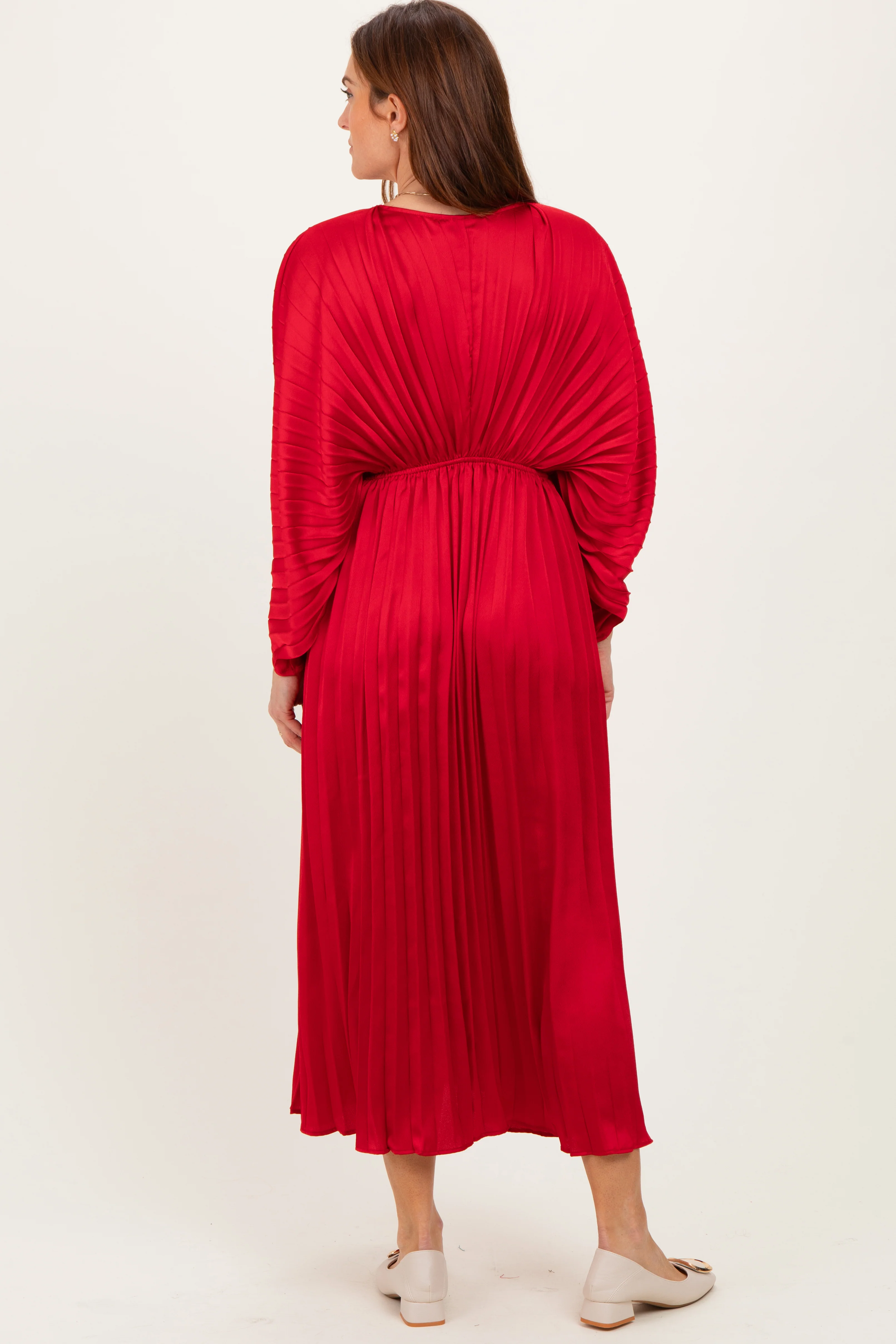 Red Satin Pleated V-Neck Maxi Dress - Image 4