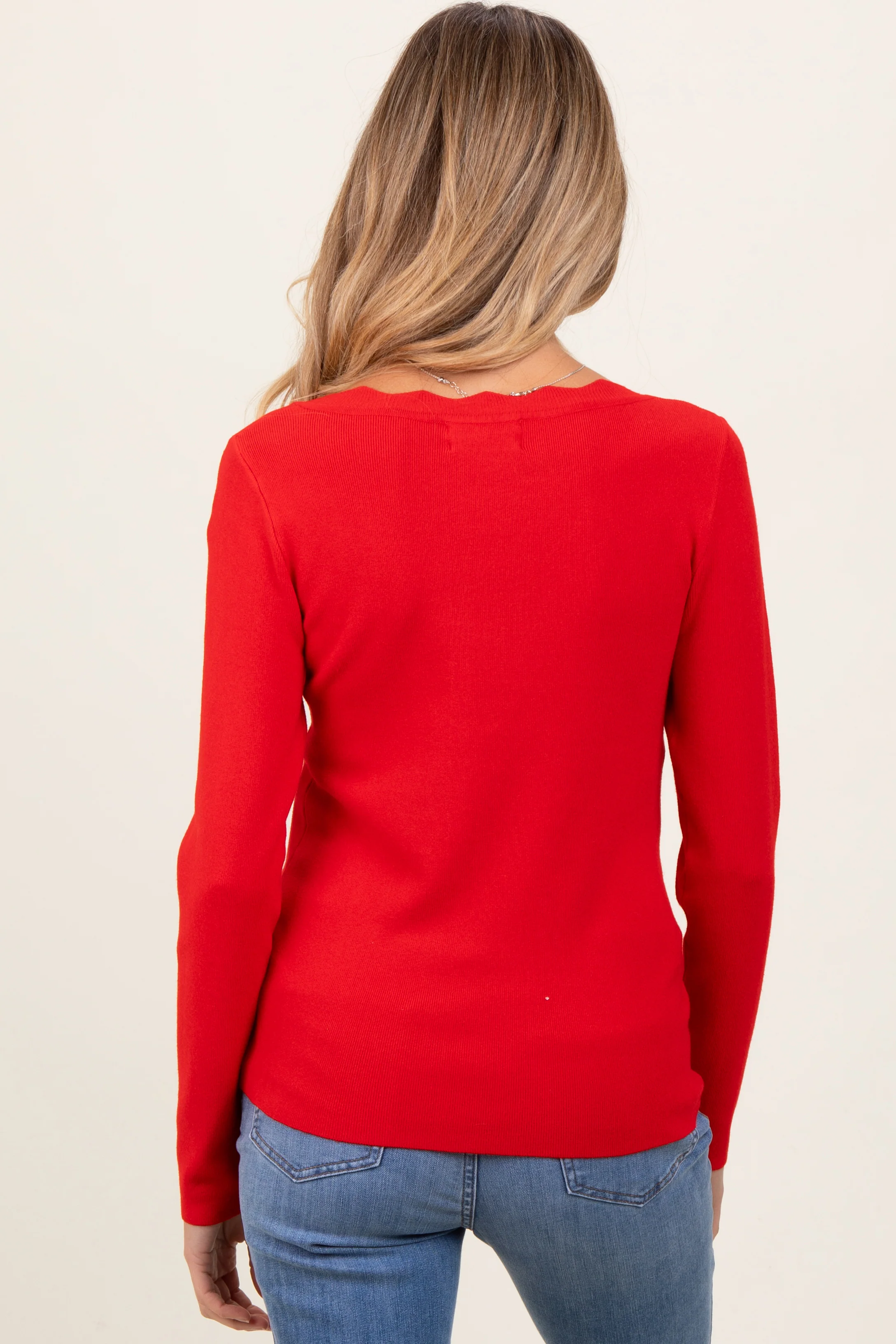 Red Scallop Hem Square Neck Maternity Sweater - Image 4