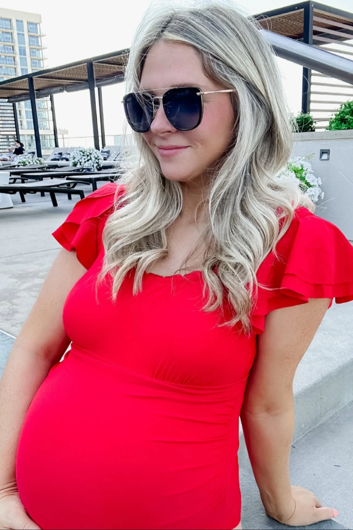 Red Scalloped Neck Ruffle Shoulder Maternity One-Piece Swimsuit - Image 5