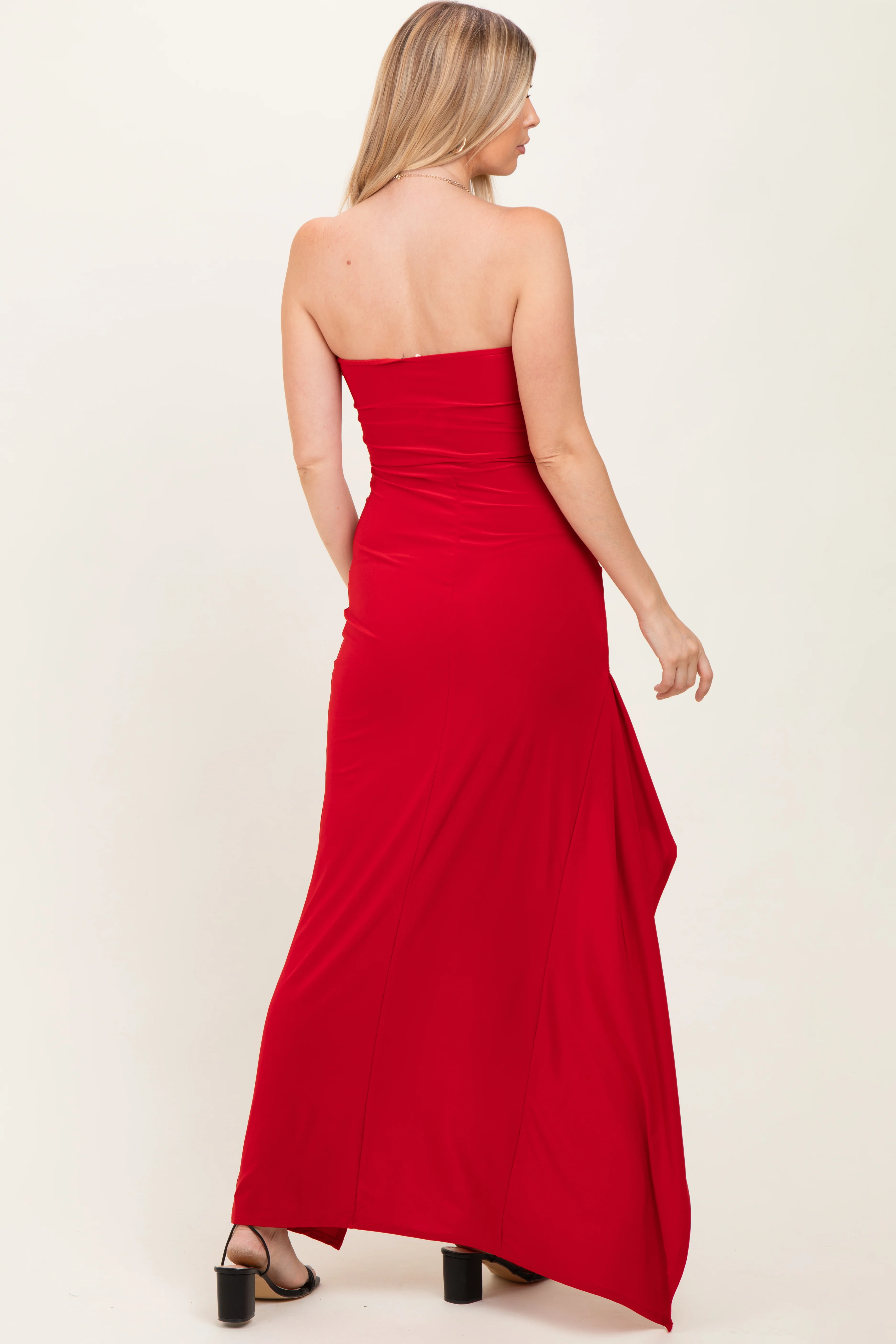 Red Strapless Front Slit Maxi Dress - Image 4