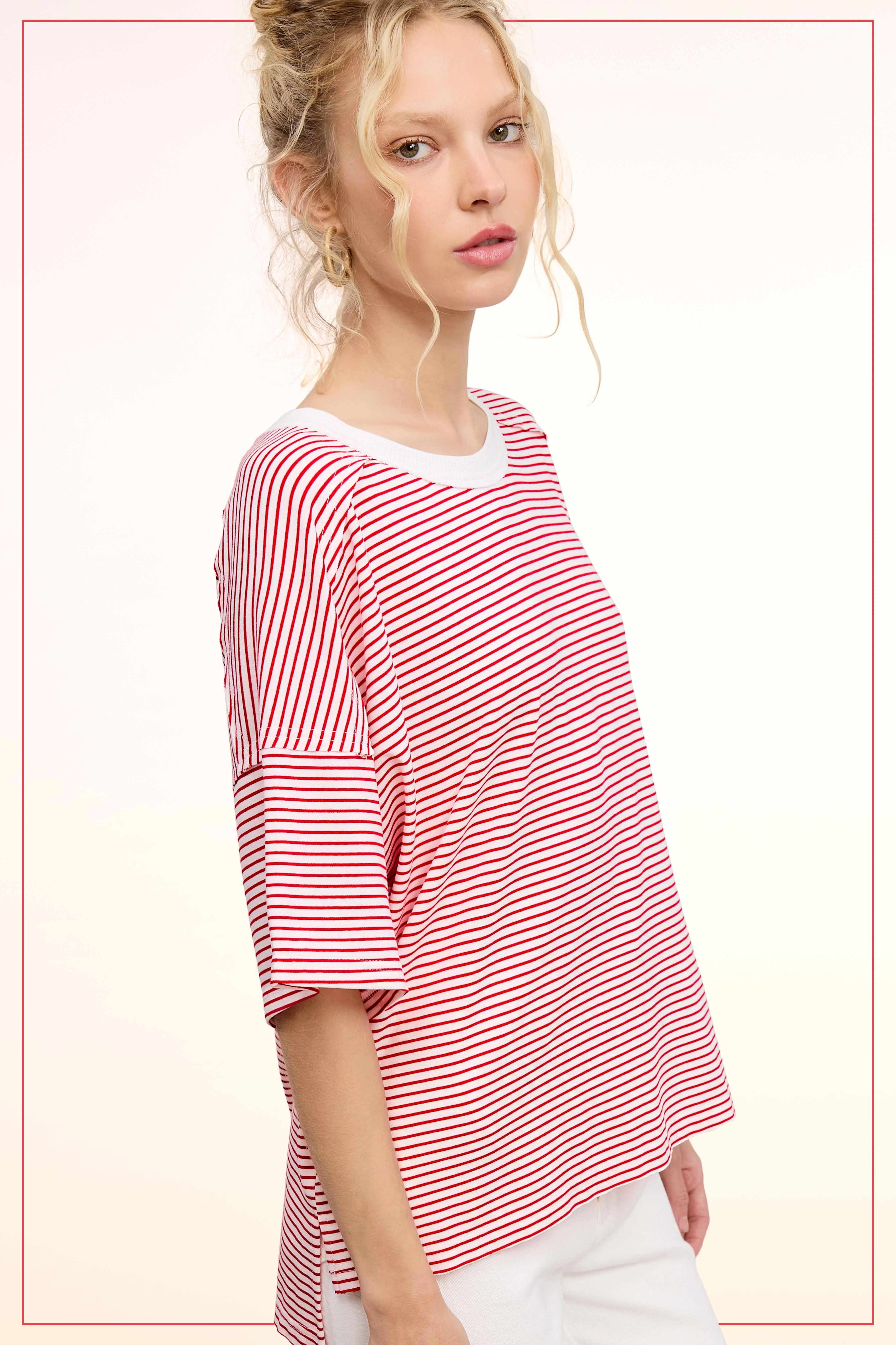 Red Striped Drop Shoulder Short Sleeve Top - Image 2