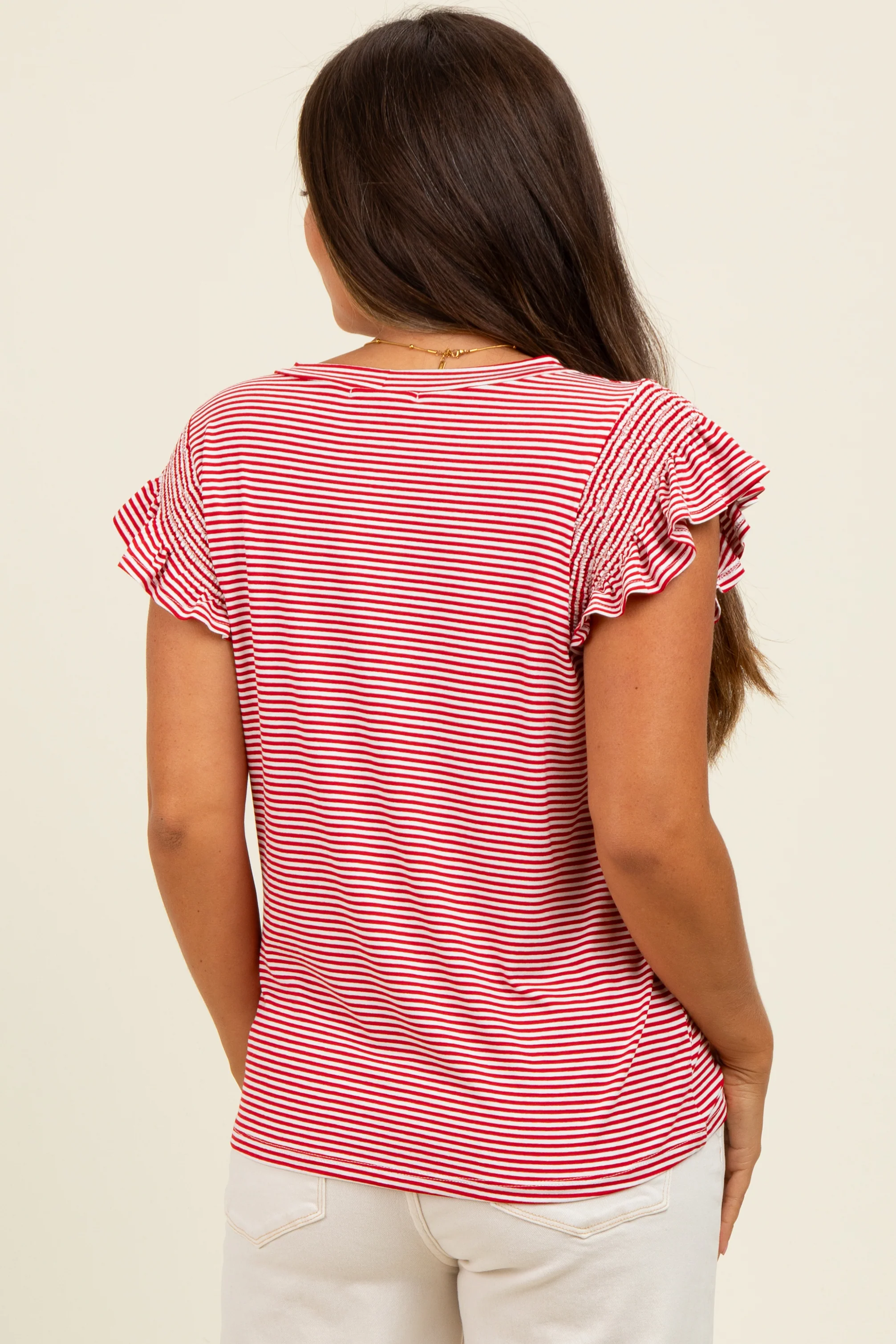 Red Striped Flutter Sleeve Maternity Top - Image 4