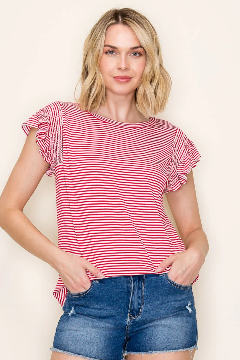 Red Striped Flutter Sleeve Maternity Top - Image 5