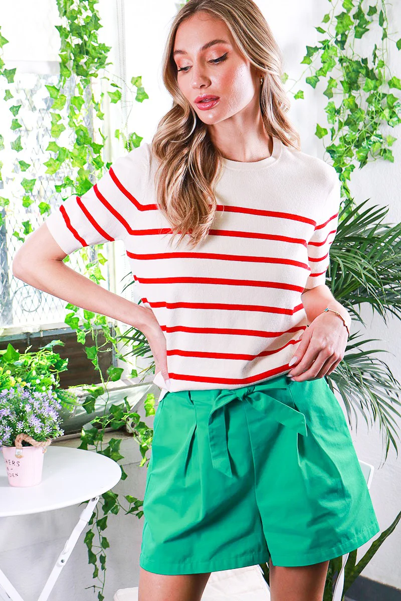Red Striped Knit Maternity Short Sleeve Top - Image 5