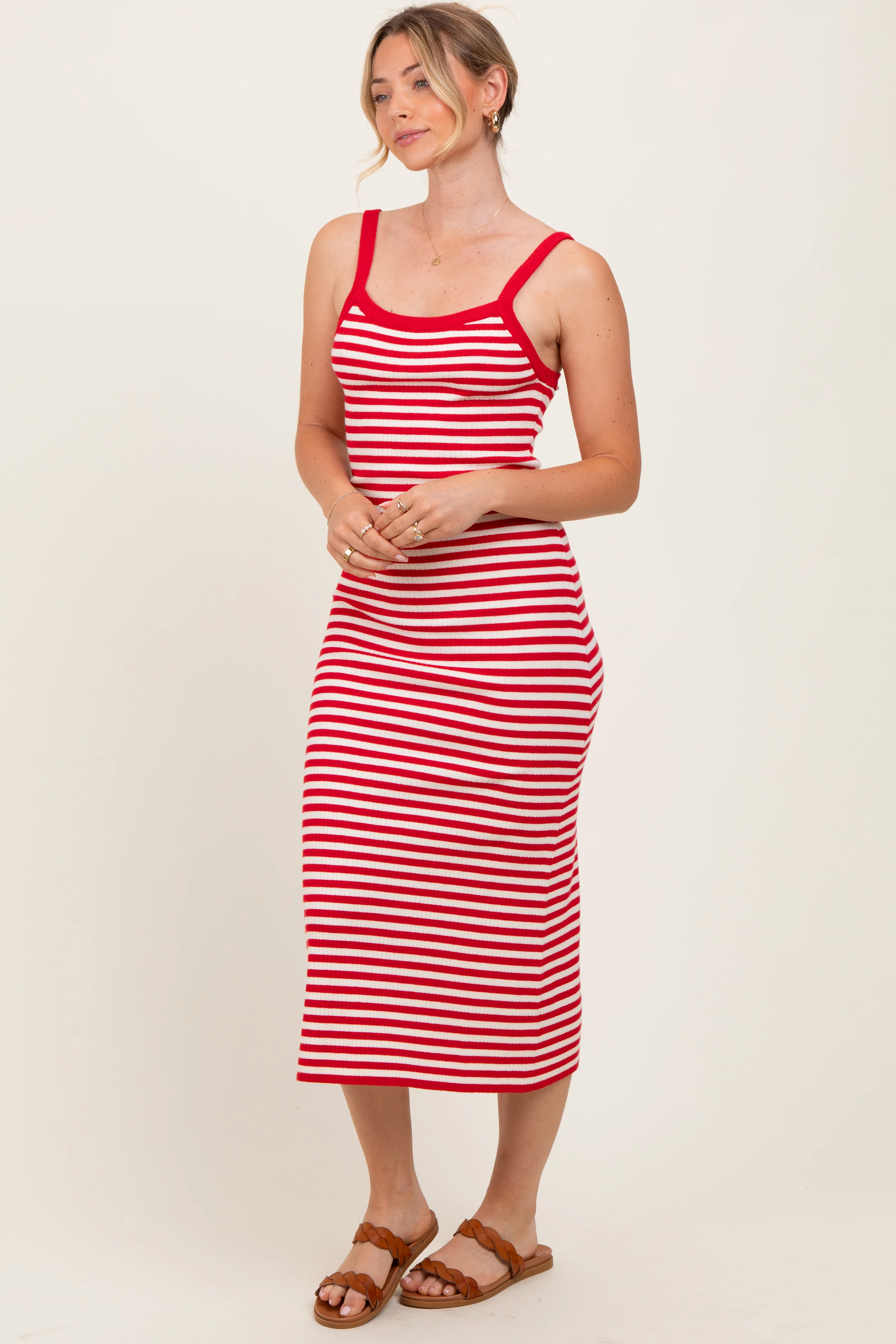 Red Striped Knit Sleeveless Midi Dress - Image 3