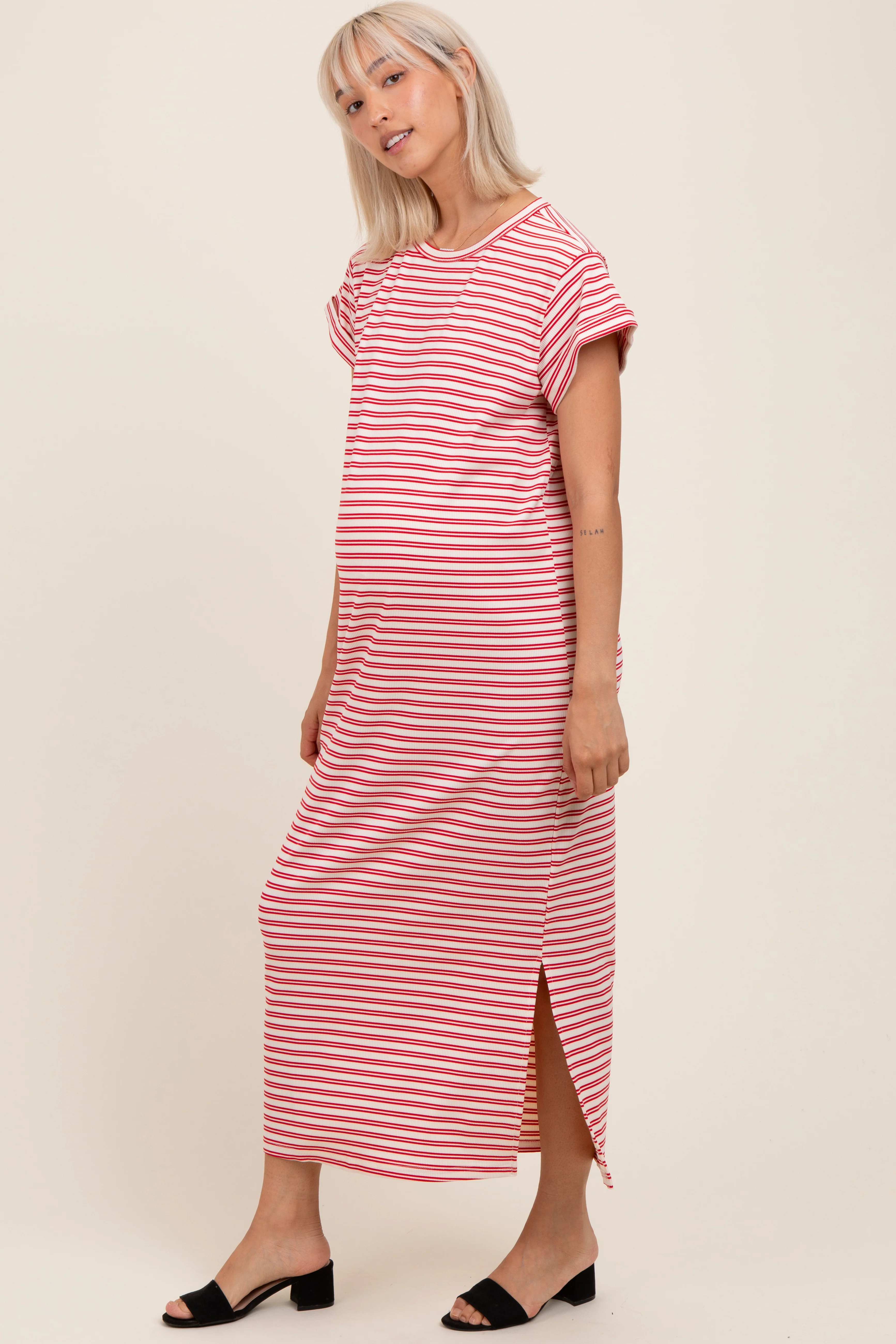 Red Striped Maternity Midi T-Shirt Dress - Image 3