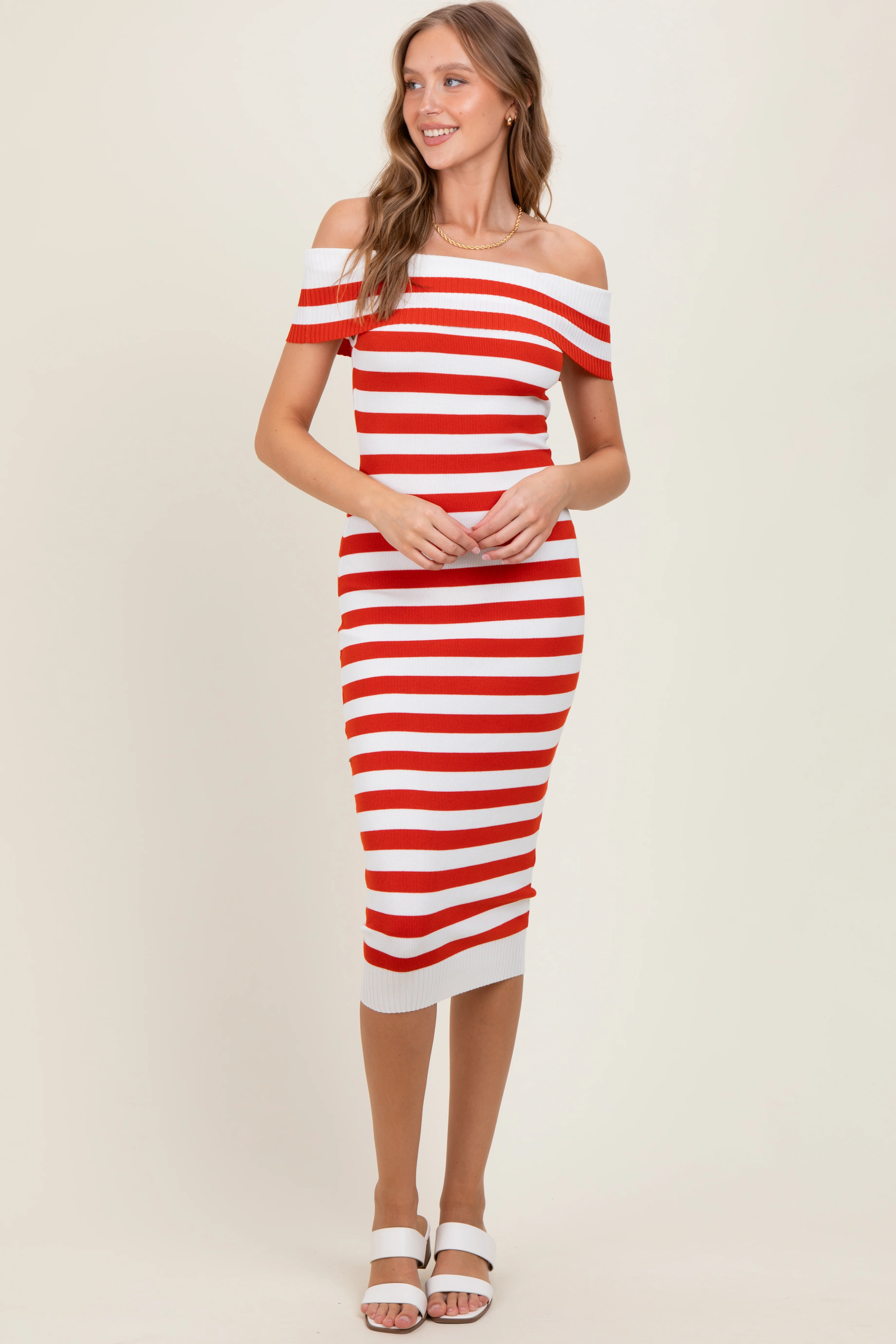 Red Striped Off Shoulder Maternity Midi Sweater Dress - Image 4