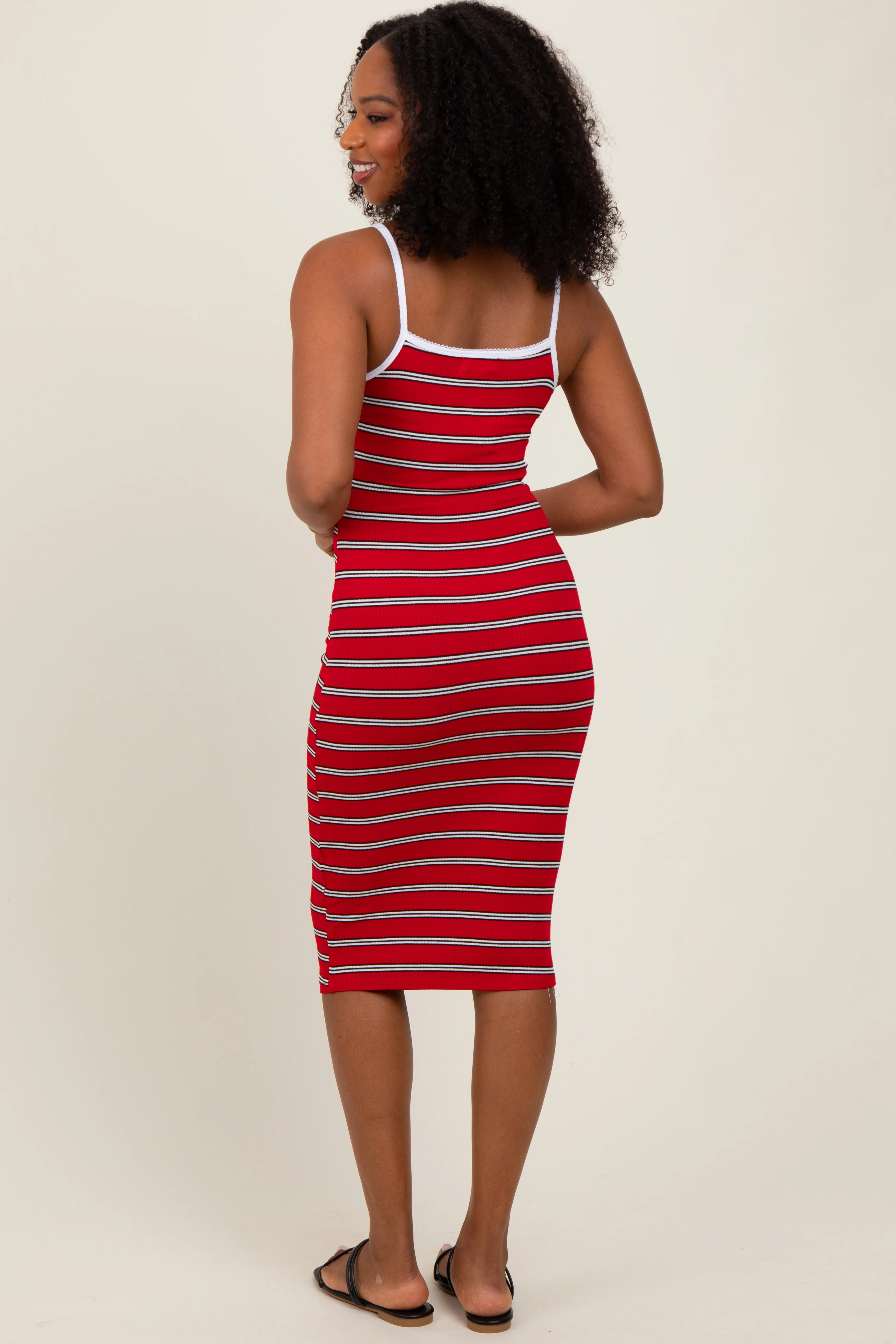 Red Striped V-Neck Sleeveless Midi Dress - Image 4