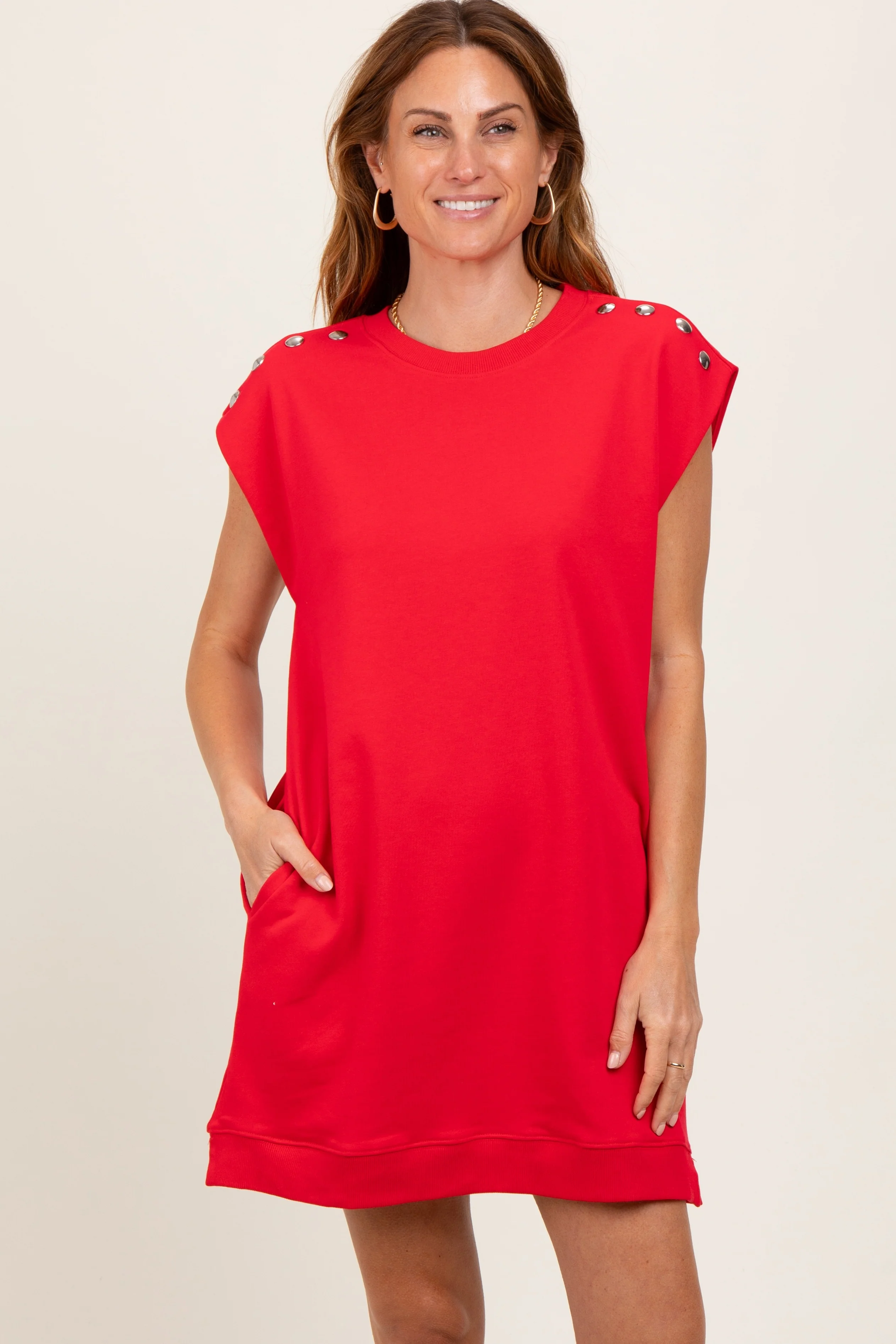 Red Studded Shoulder Maternity Mini Dress - Image 5