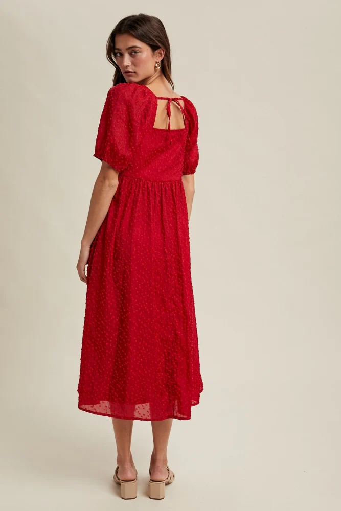 Red Swiss Dot Puff Sleeve Midi Dress - Image 3