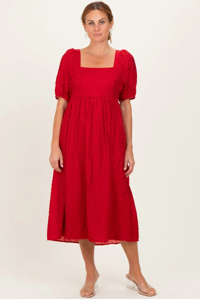 Red Swiss Dot Puff Sleeve Midi Dress - Image 5