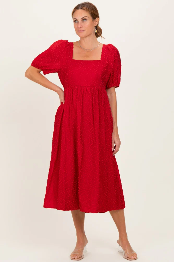 Red Swiss Dot Puff Sleeve Midi Dress - Image 6
