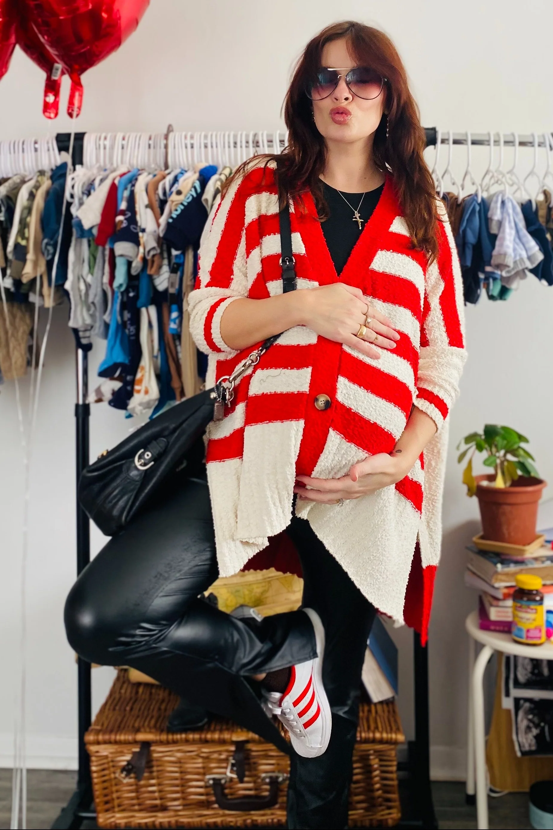 Red Textured Knit Striped Oversized Maternity Cardigan - Image 4