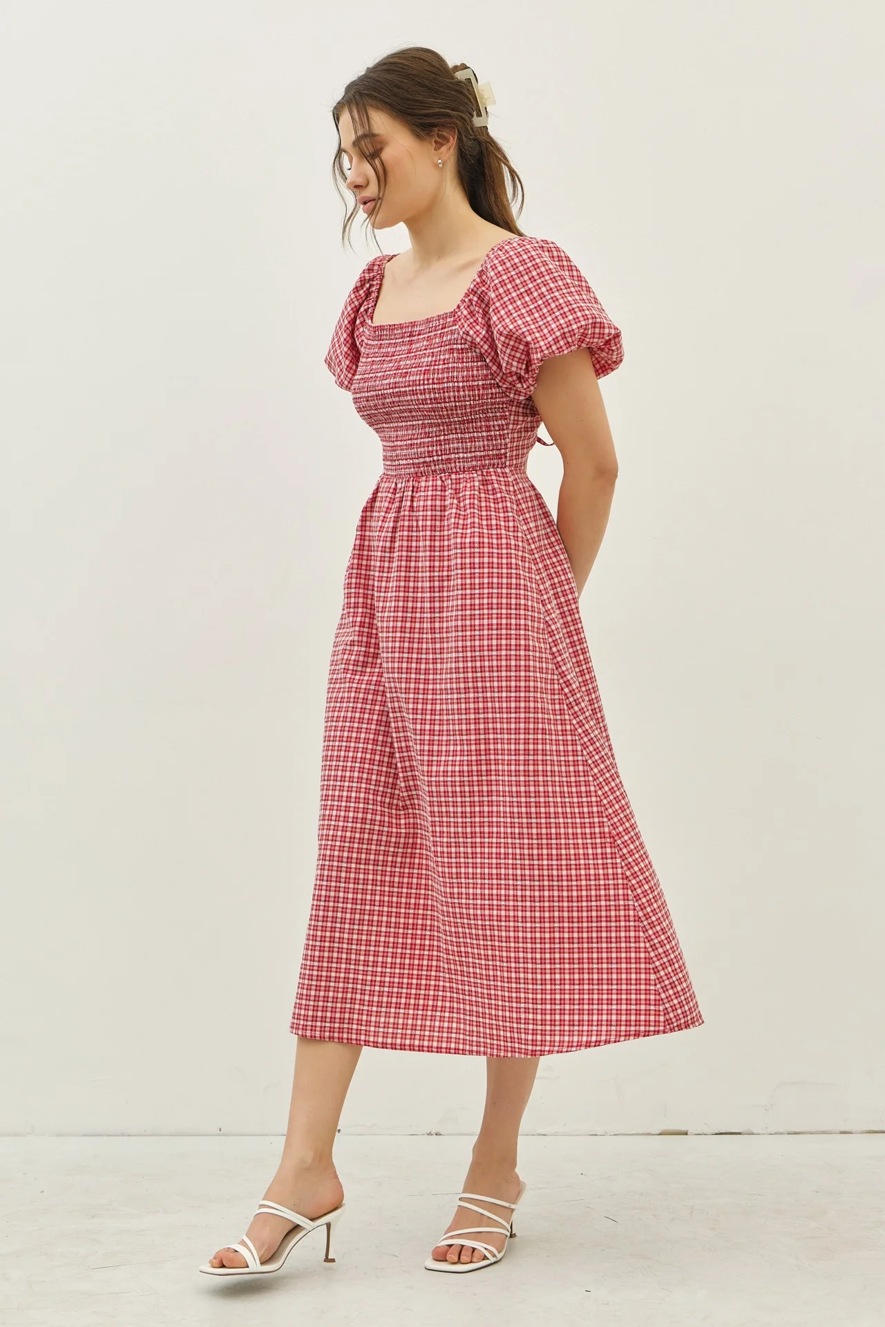 Red Textured Plaid Pen Back Midi Dress - Image 3