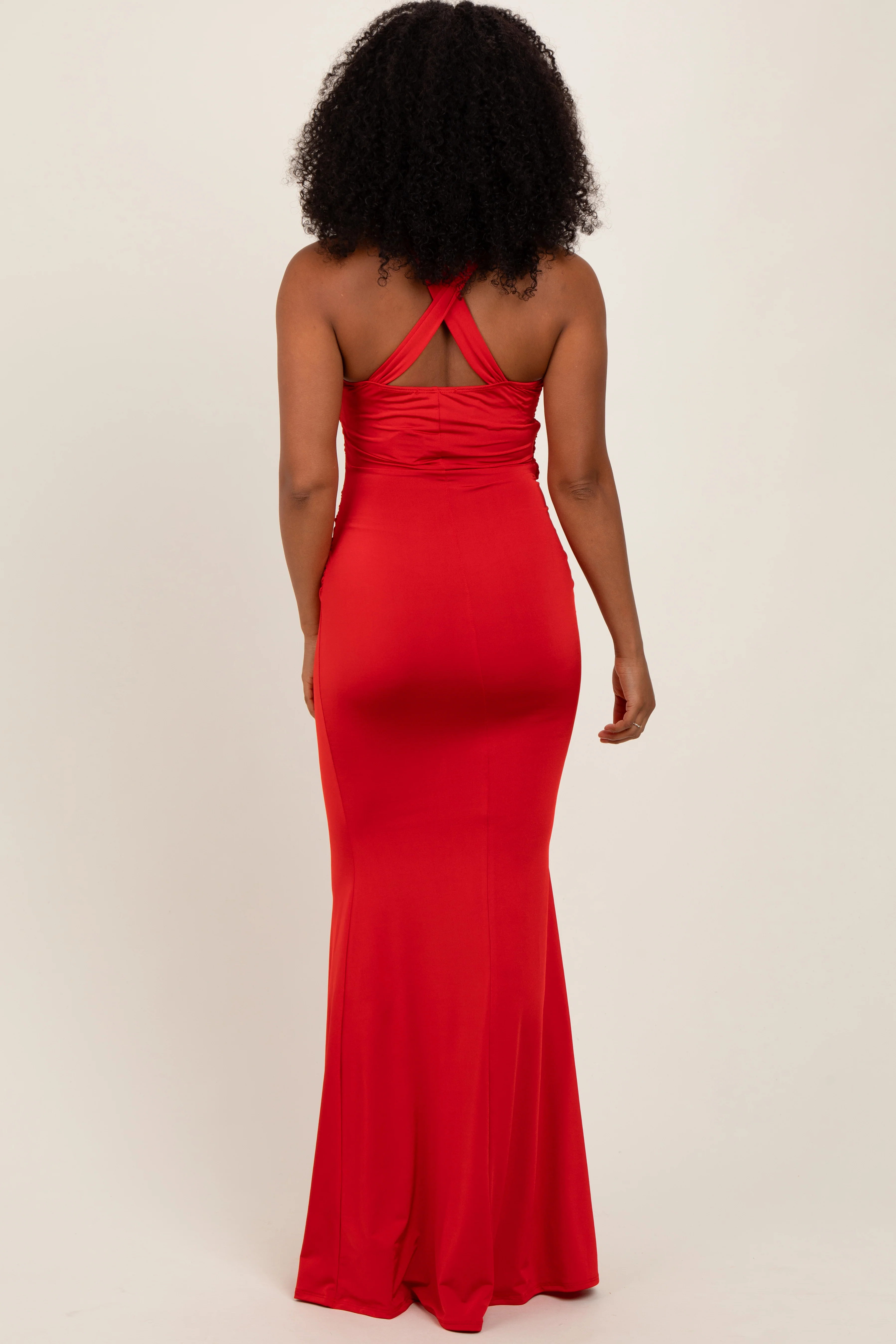 Red Twist Front Ruched Maxi Dress - Image 4