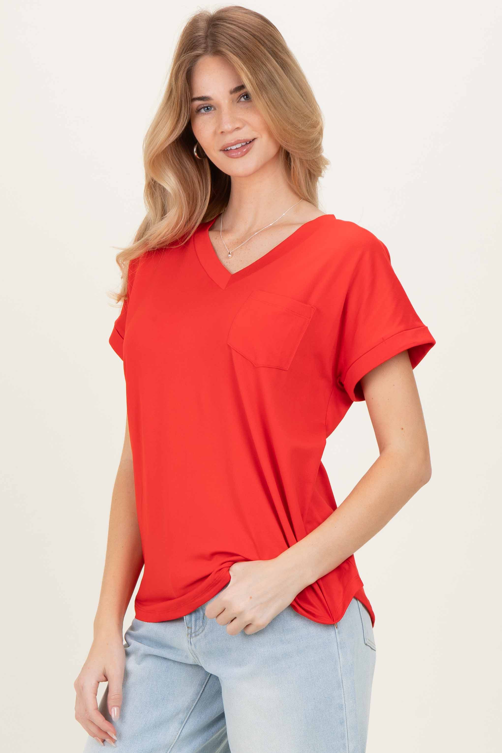 Red V-Neck Pocket Short Sleeve Shirt - Image 3