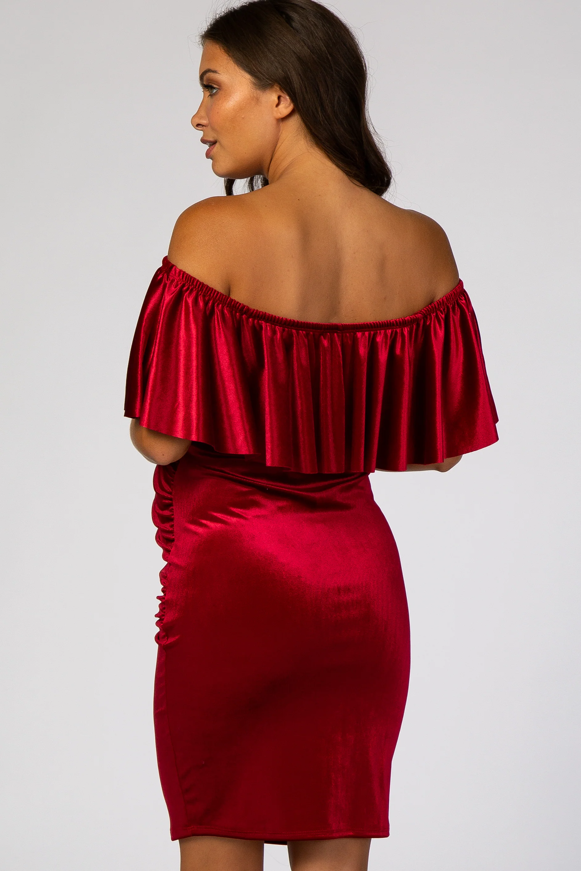 Red Velvet Off Shoulder Fitted Maternity Dress - Image 4