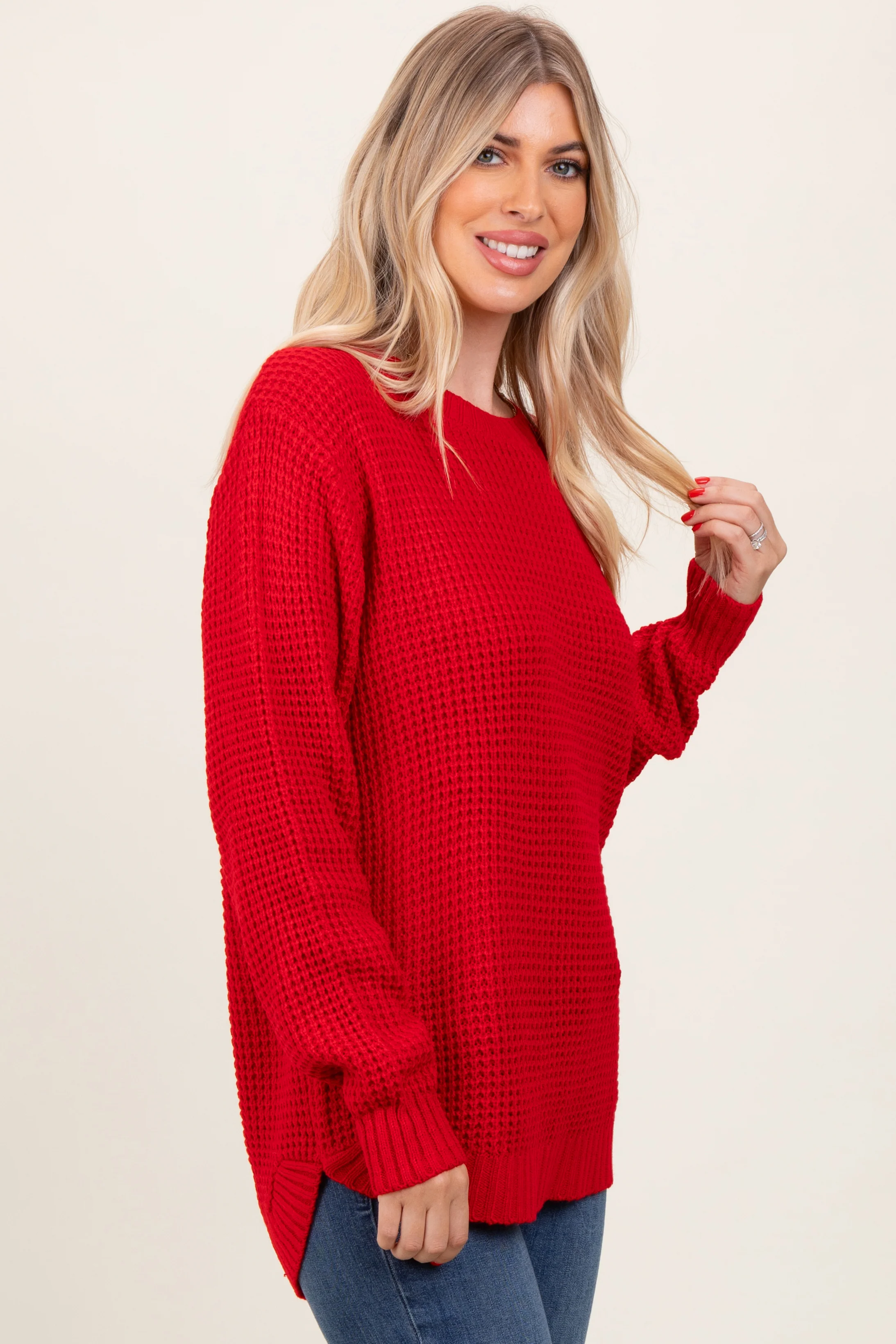 Red Waffle Knit Rounded Hem Sweater - Image 2