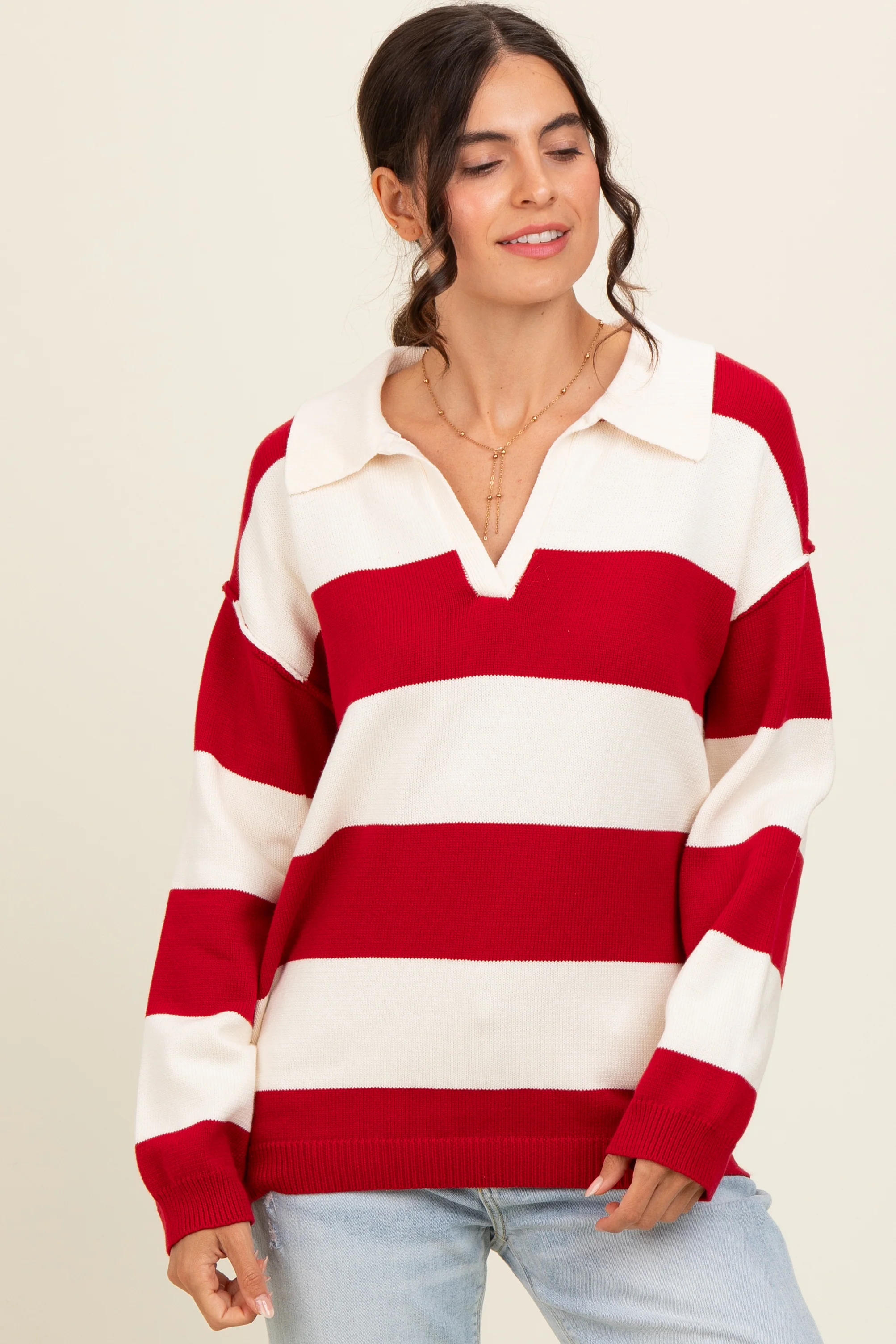 Red Wide Stripe Polo Maternity Sweater - Image 6