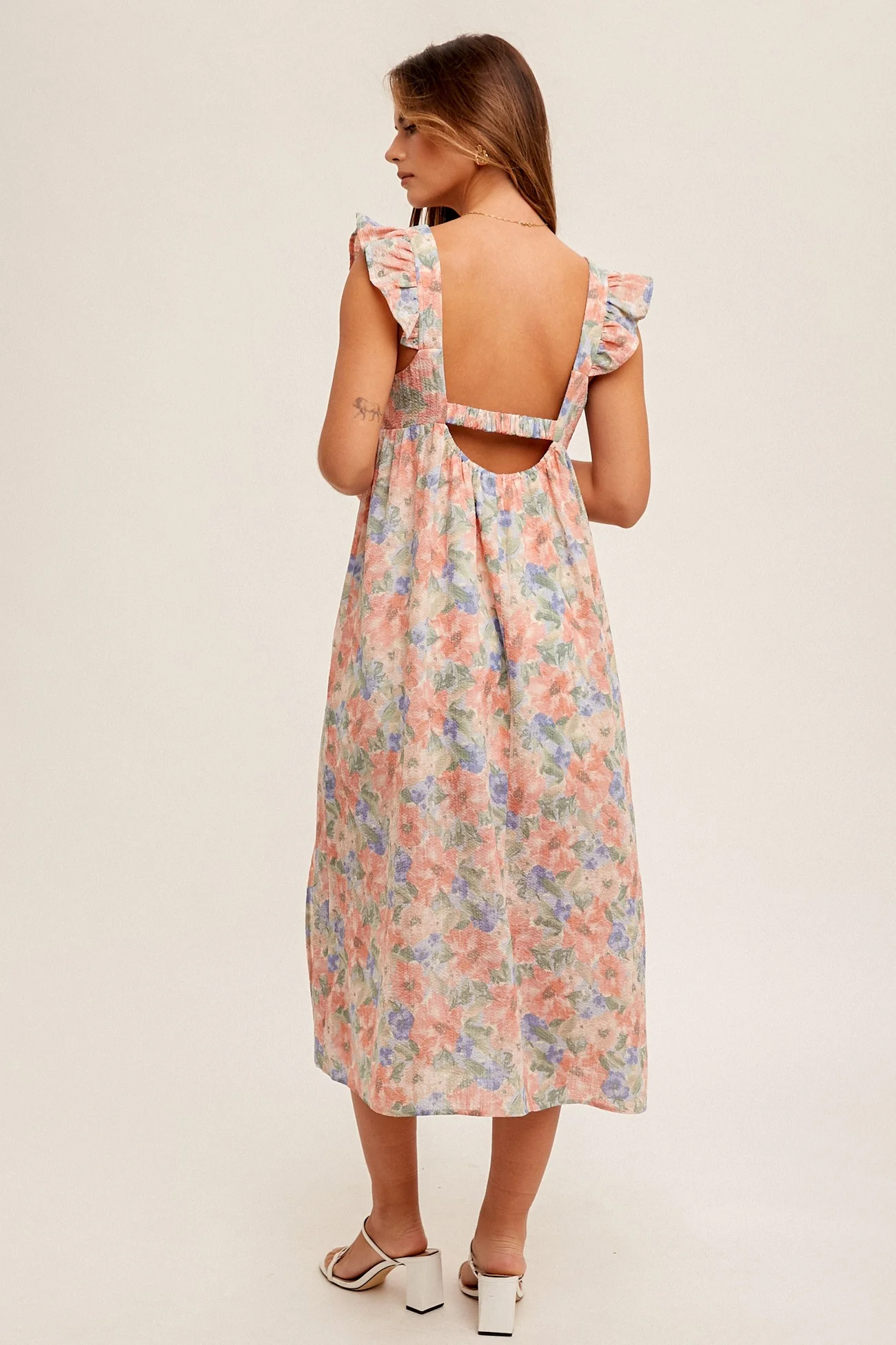 Rose Pink Water Color Floral Print Ruffele Sleeve Midi Dress - Image 3