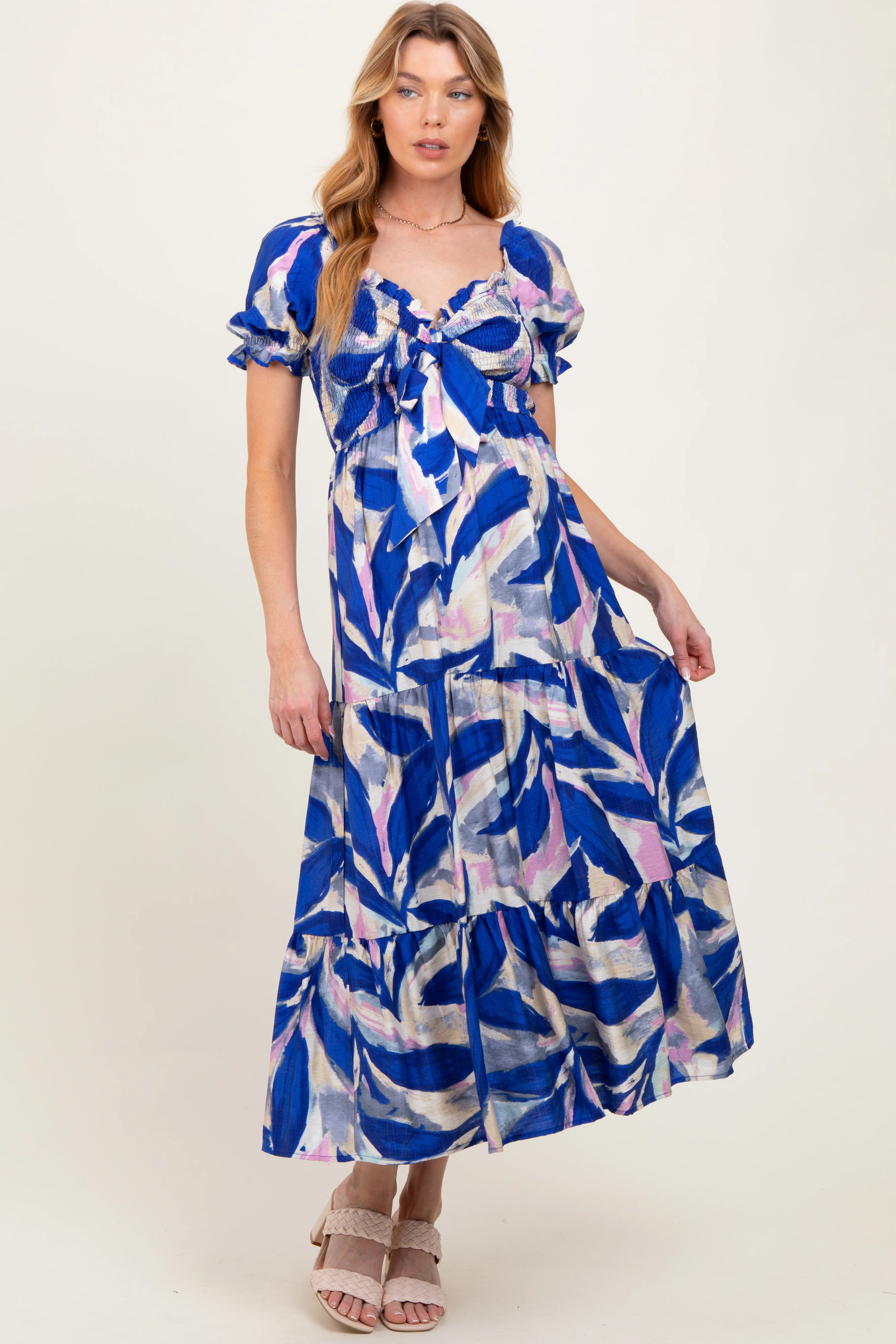 Royal Blue Blue Smocked Top Woven Tiered Maternity Dress - Image 2