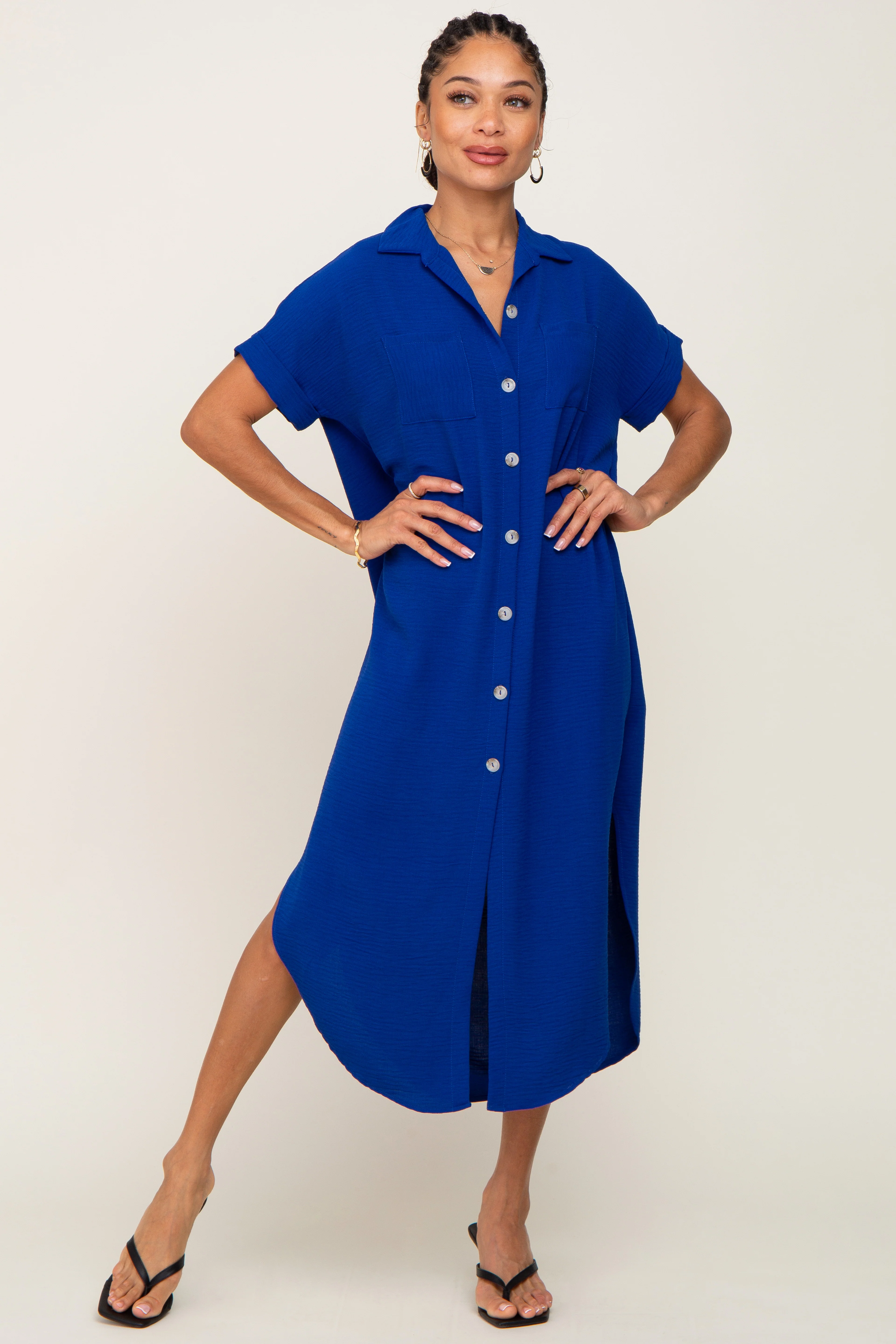 Royal Blue Button Down Hi Low Maxi Dress - Image 4