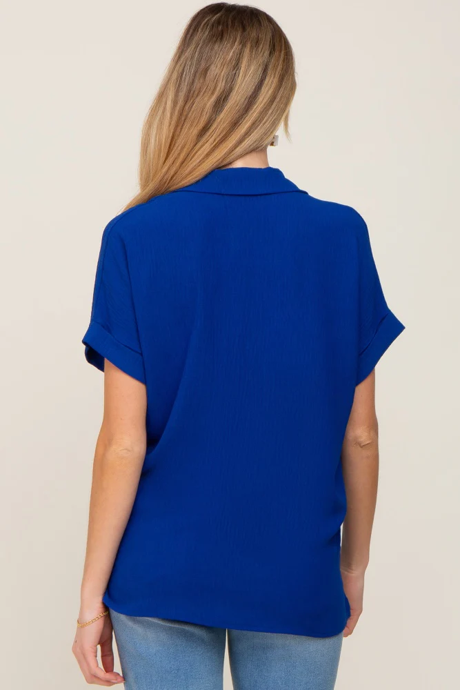 Royal Blue Collared Button-Down Short Sleeve Maternity Blouse - Image 3