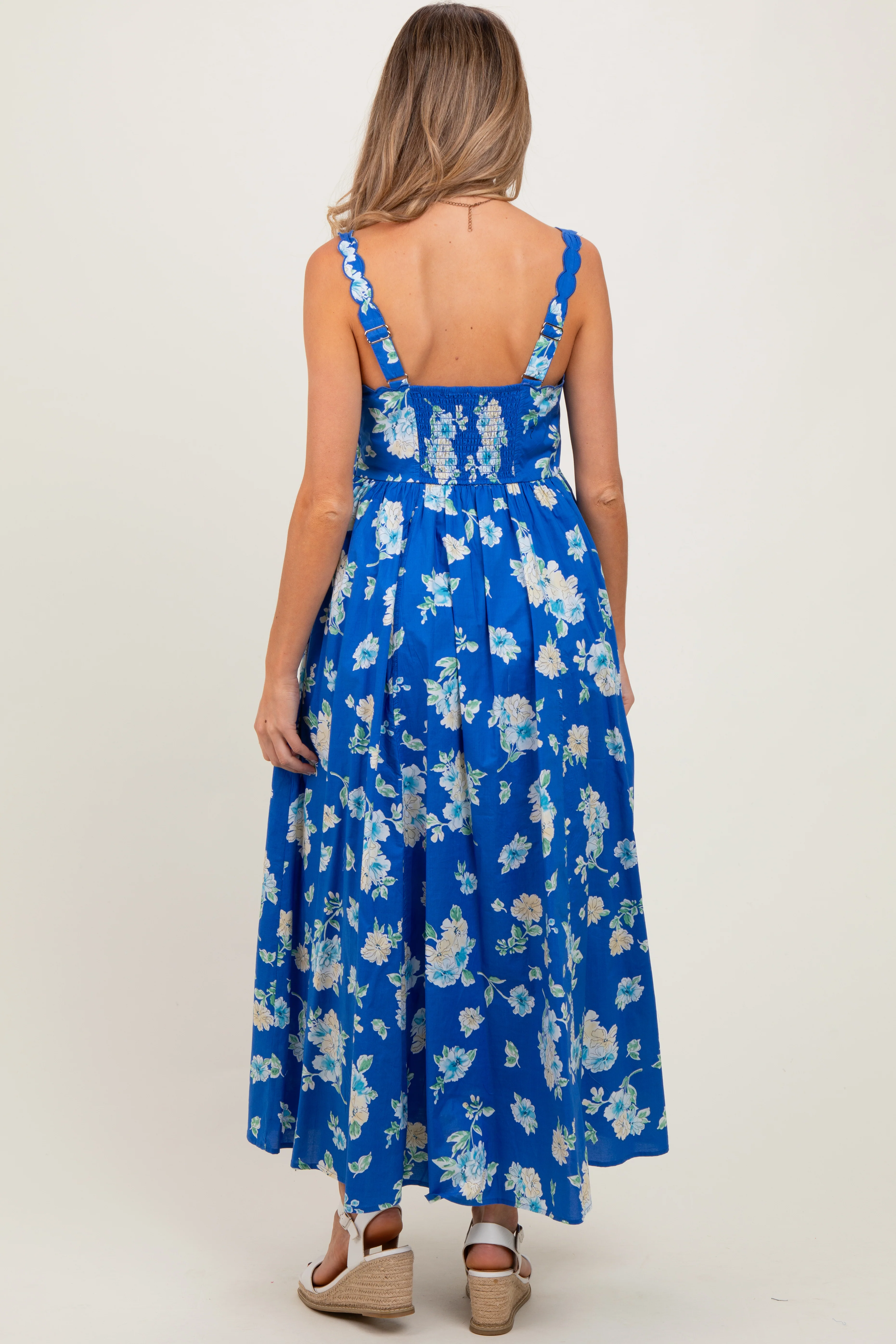 Royal Blue Floral Bold Print Cotton Maternity Maxi Dress - Image 3