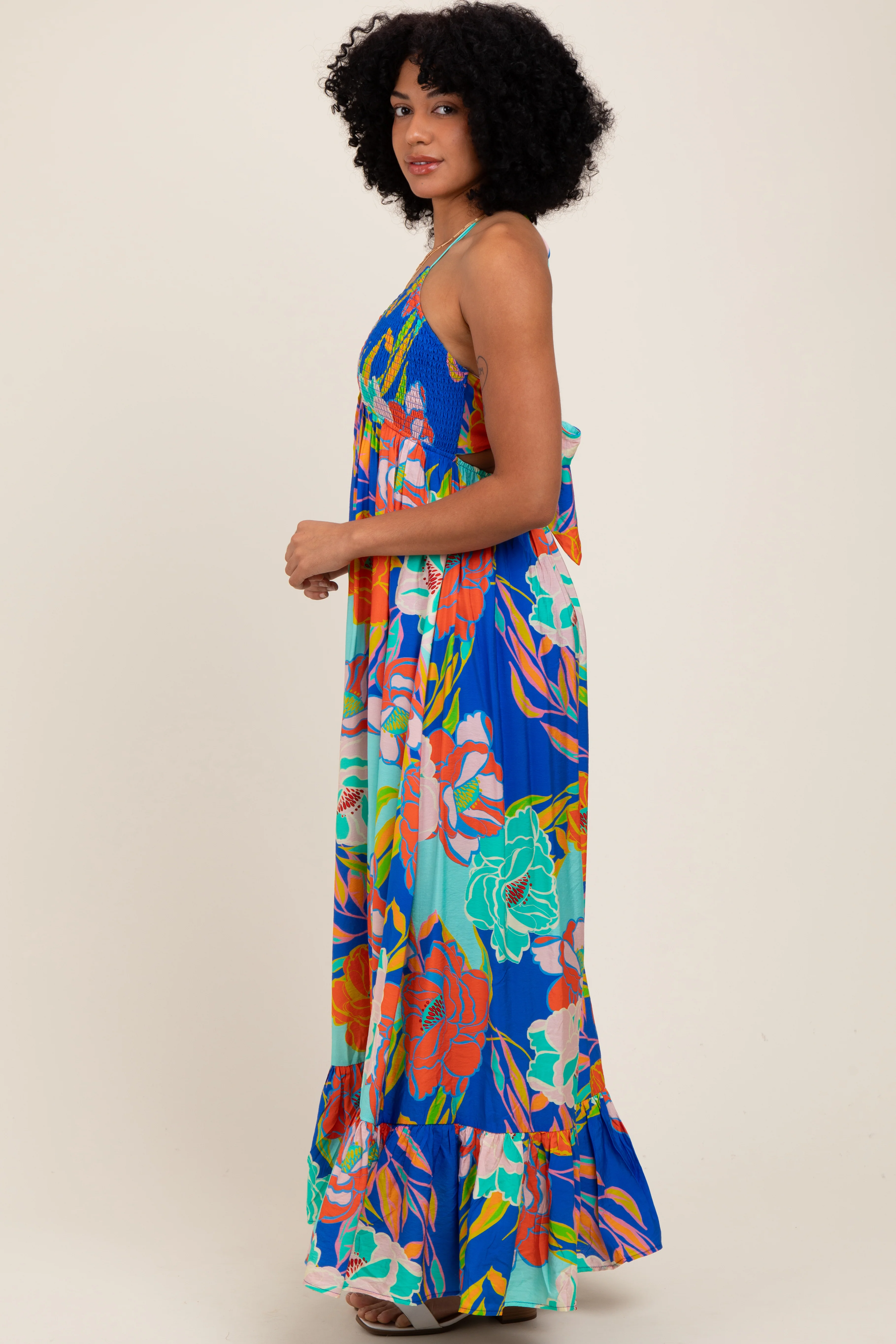 Royal Blue Floral Halter Cutout Tie Back Maxi Dress - Image 2