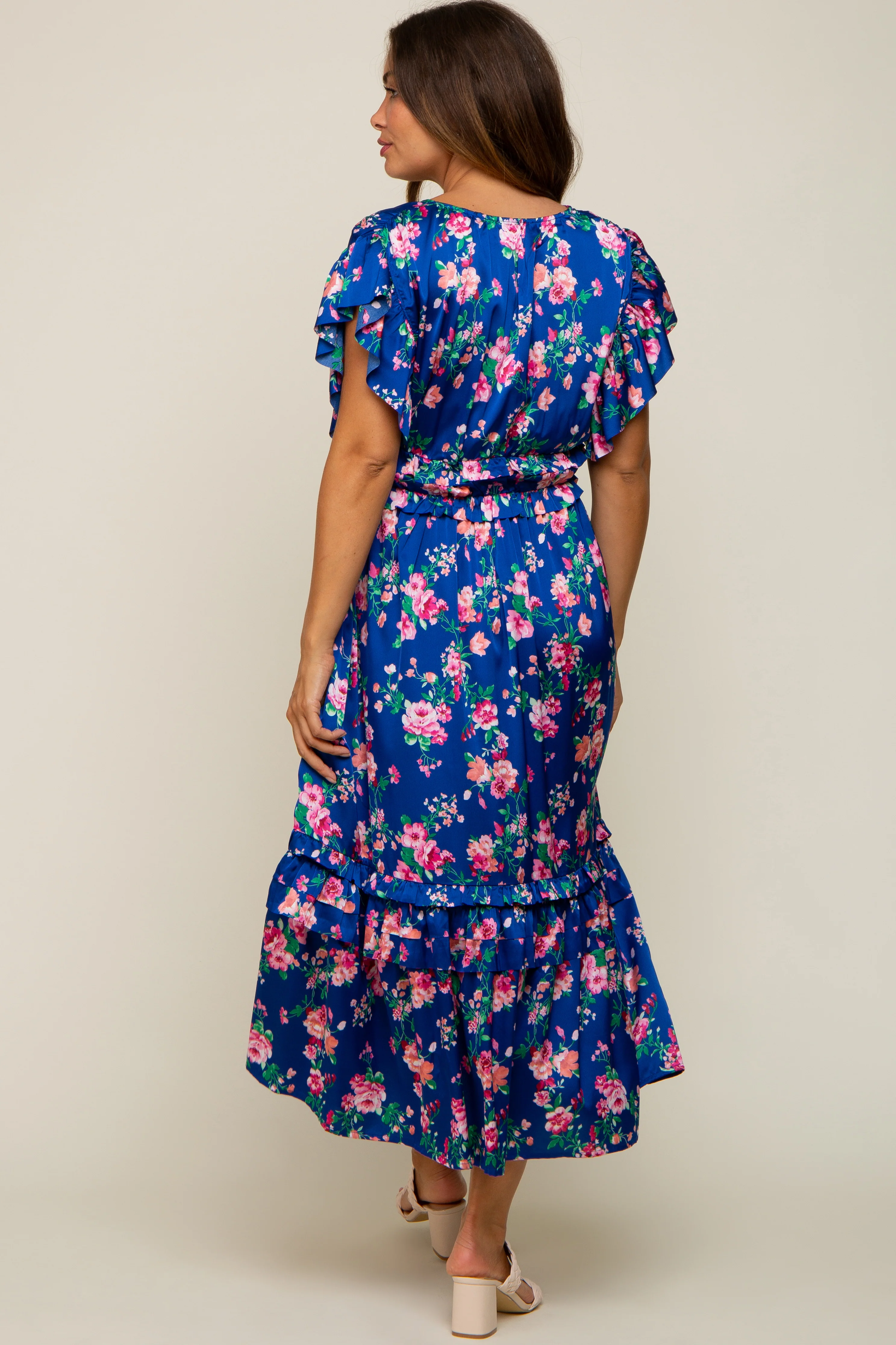 Royal Blue Floral Satin Ruffle Maternity Midi Dress - Image 4