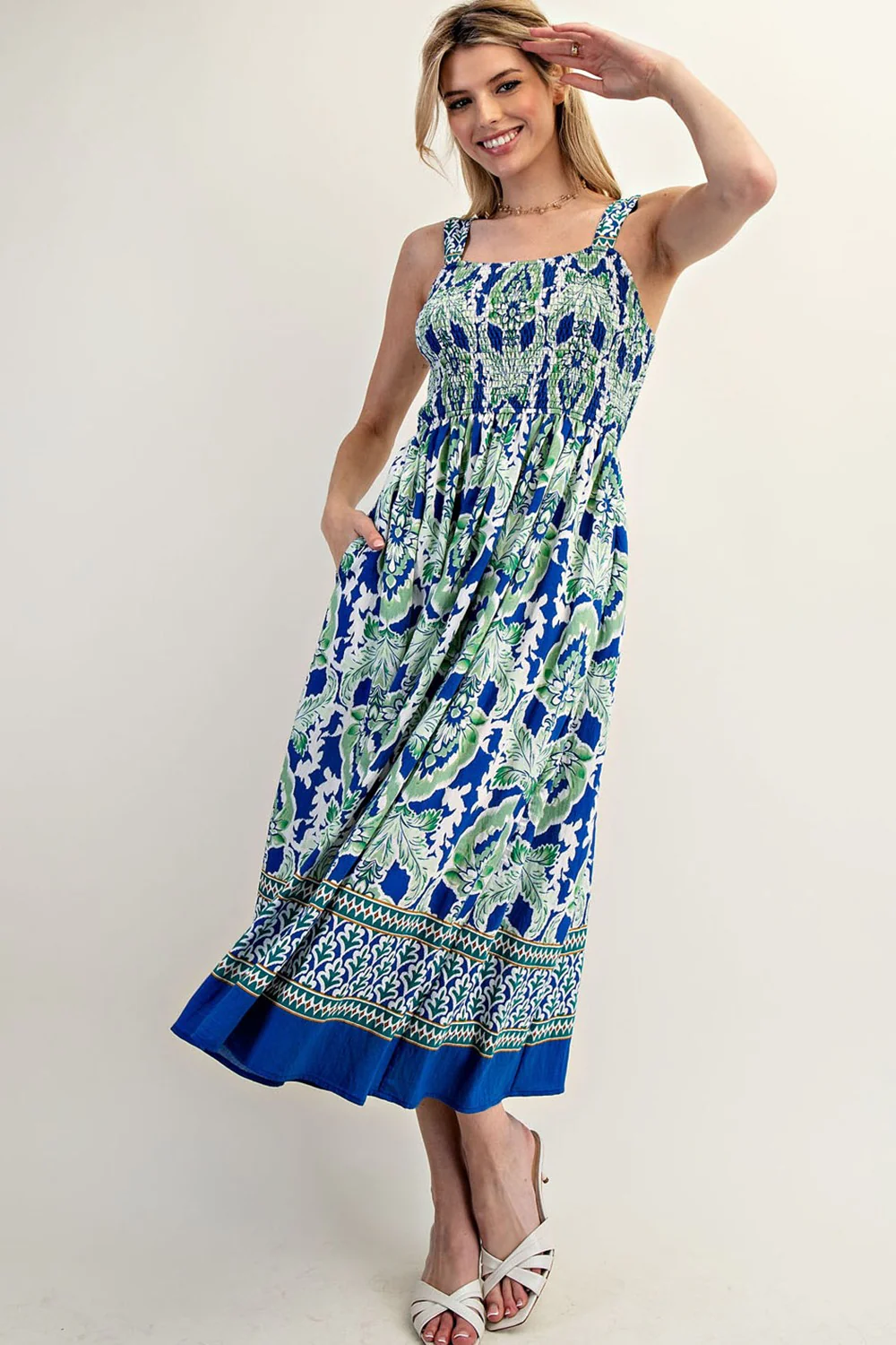 Royal Blue Floral Sleeveless Smocked Maternity Midi Dress - Image 4