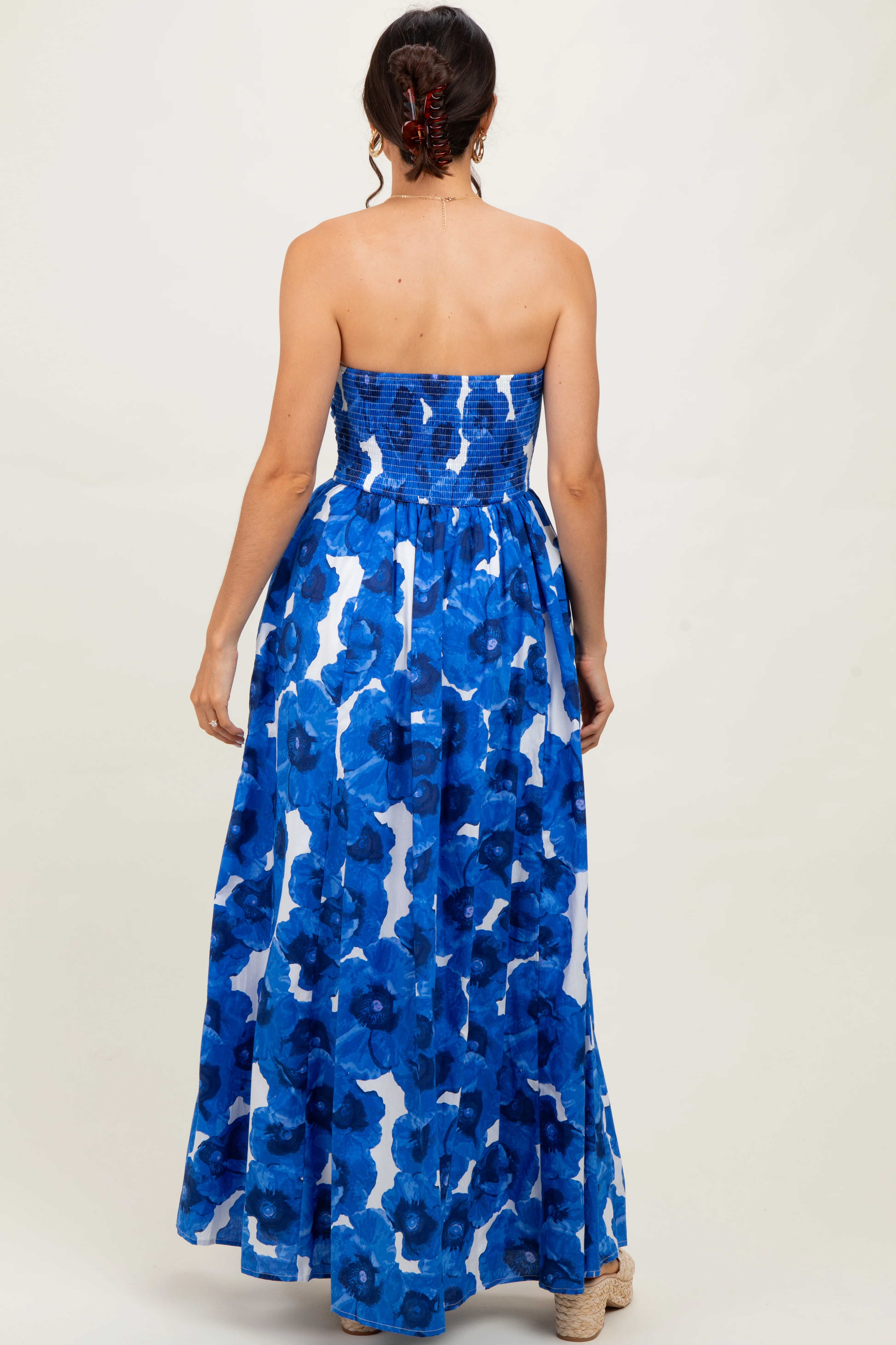 Royal Blue Floral Strapless Maxi Dress - Image 4