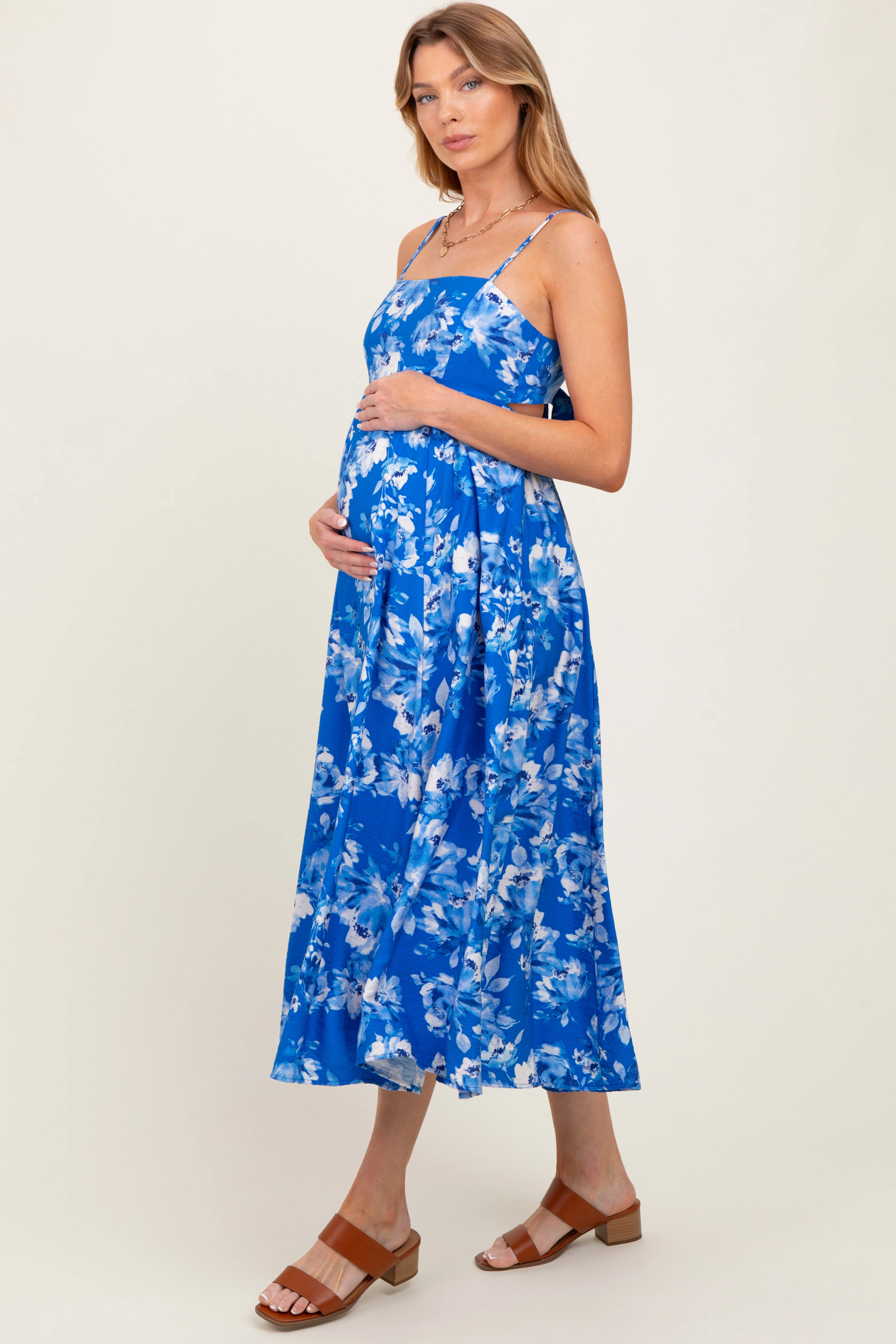 Royal Blue Floral Tie Back Cutout Maternity Midi Dress - Image 3
