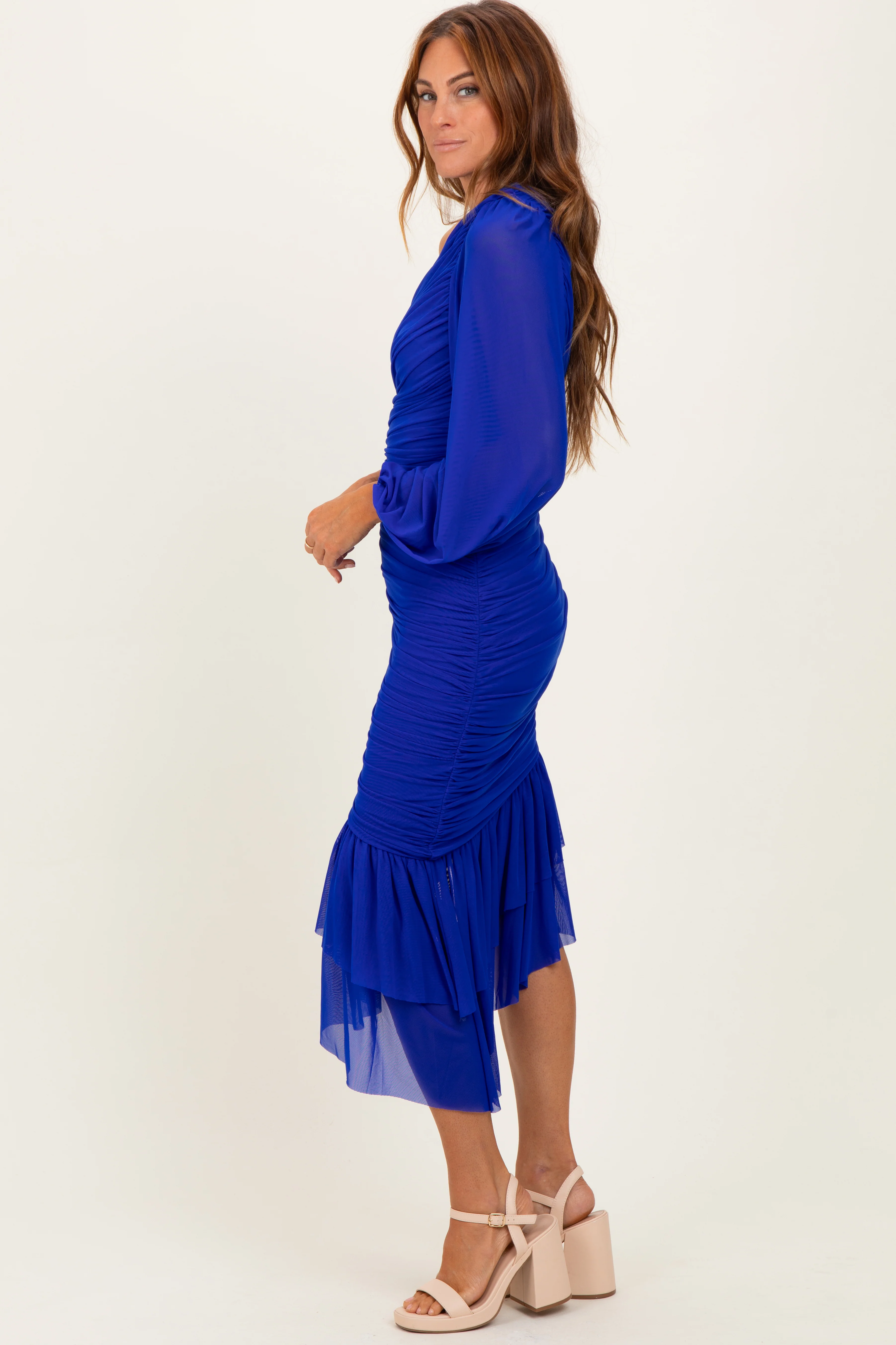 Royal Blue Mesh Ruched One Shoulder Asymmetric Dress - Image 3