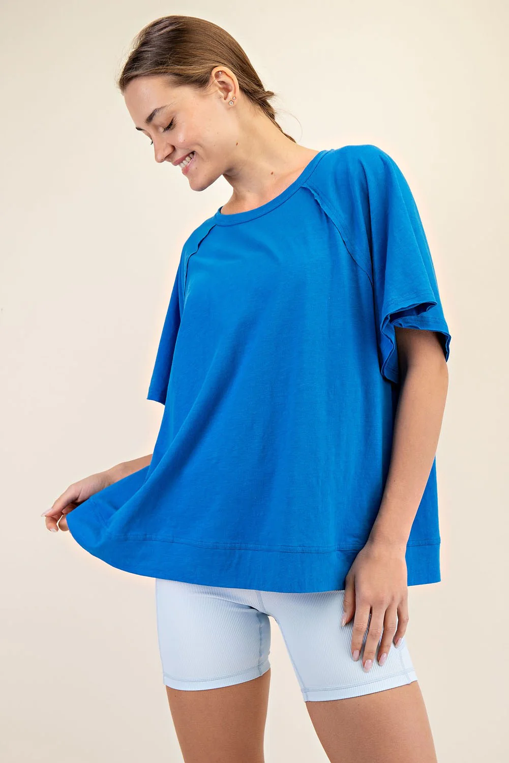 Royal Blue Oversized Raw Hem Short Sleeve Maternity Tee - Image 3