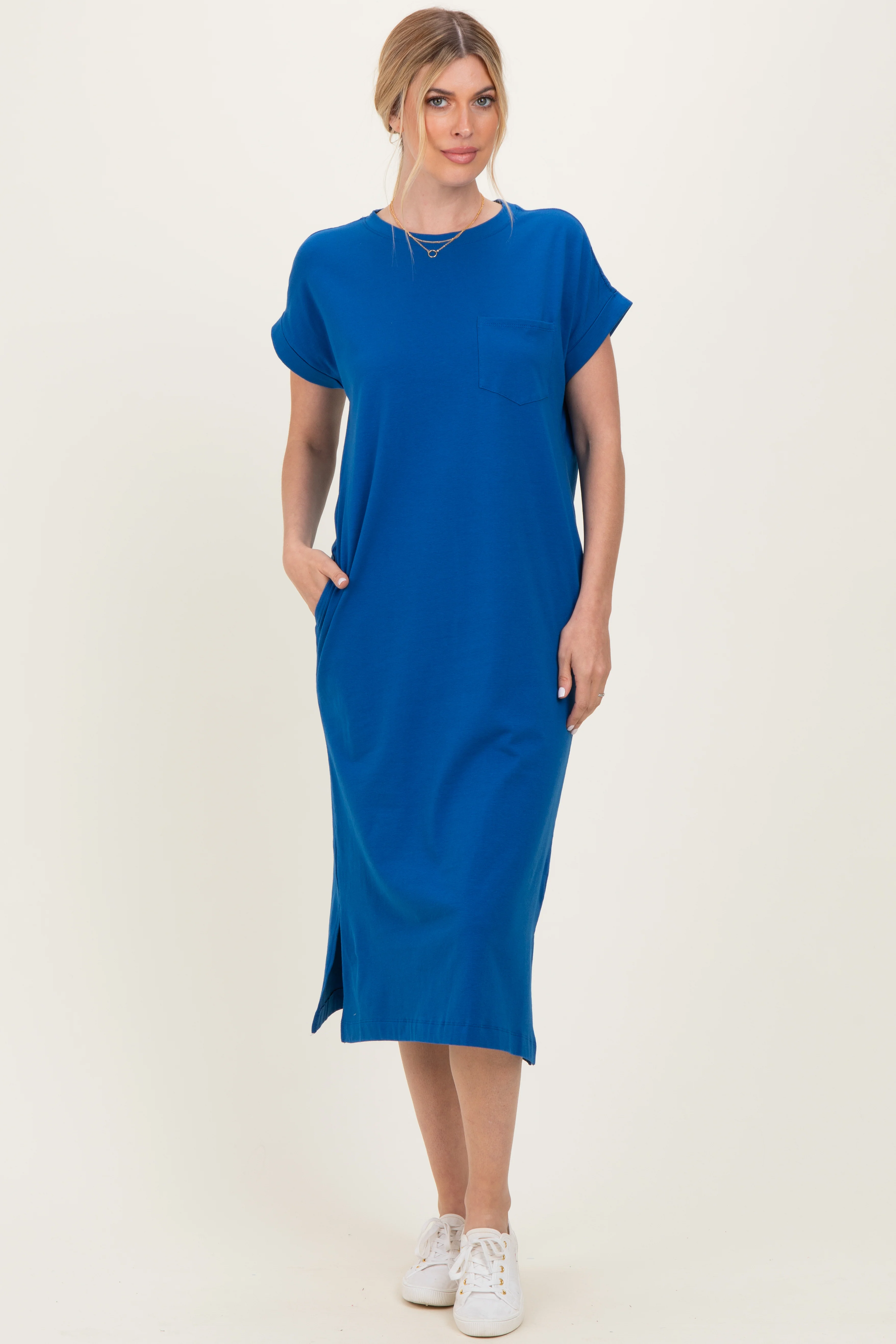 Royal Blue Pocket Front Midi T-Shirt Dress - Image 2