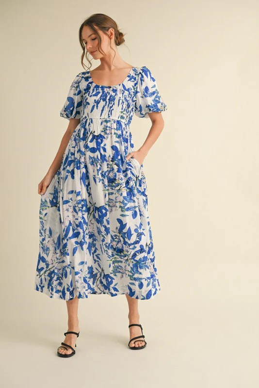 Royal Blue Print Puff Sleeve Square Neck Maternity Maxi Dress - Image 5