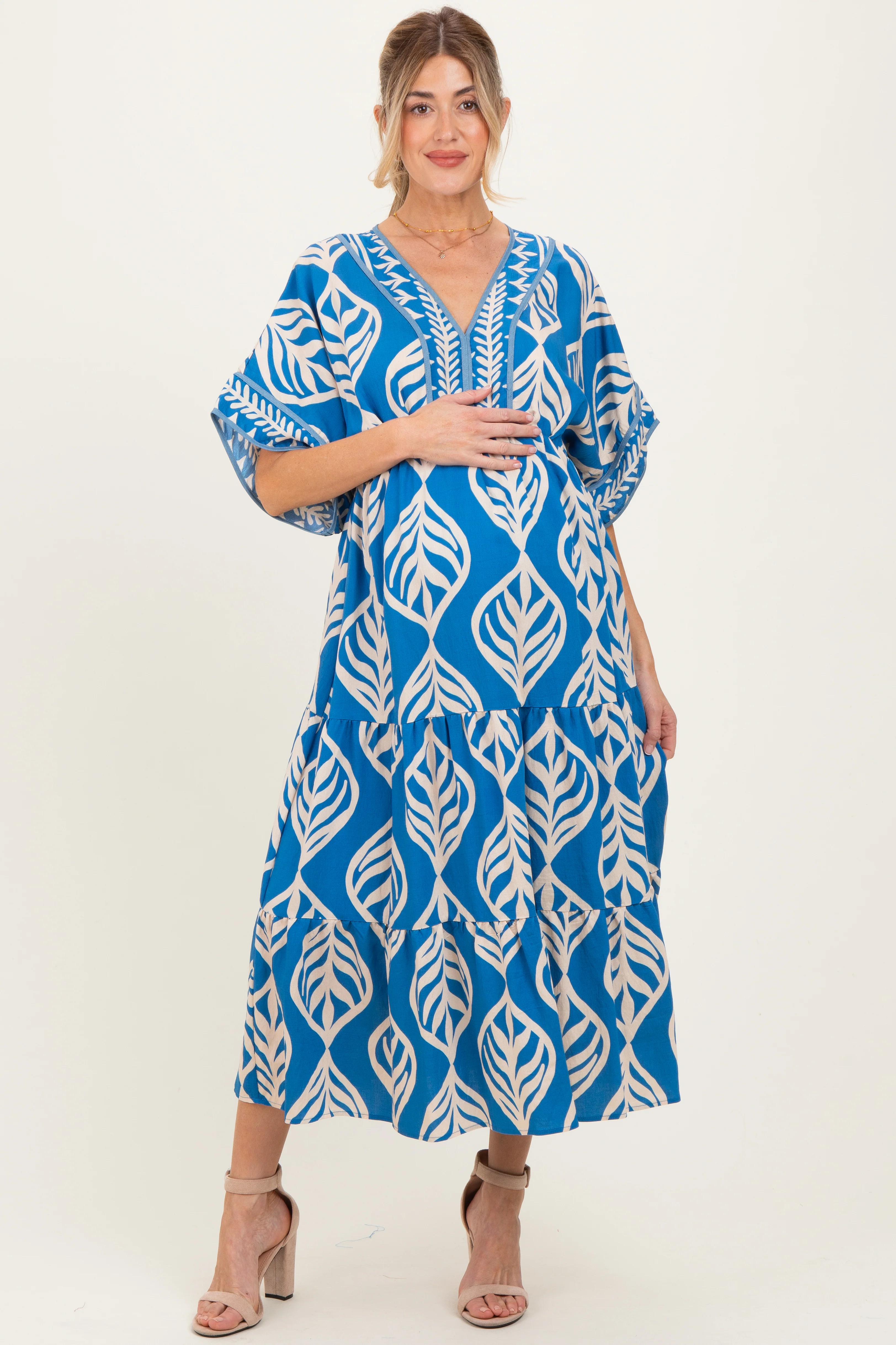Royal Blue Printed Dolman Sleeve Maternity Maxi Dress - Image 3