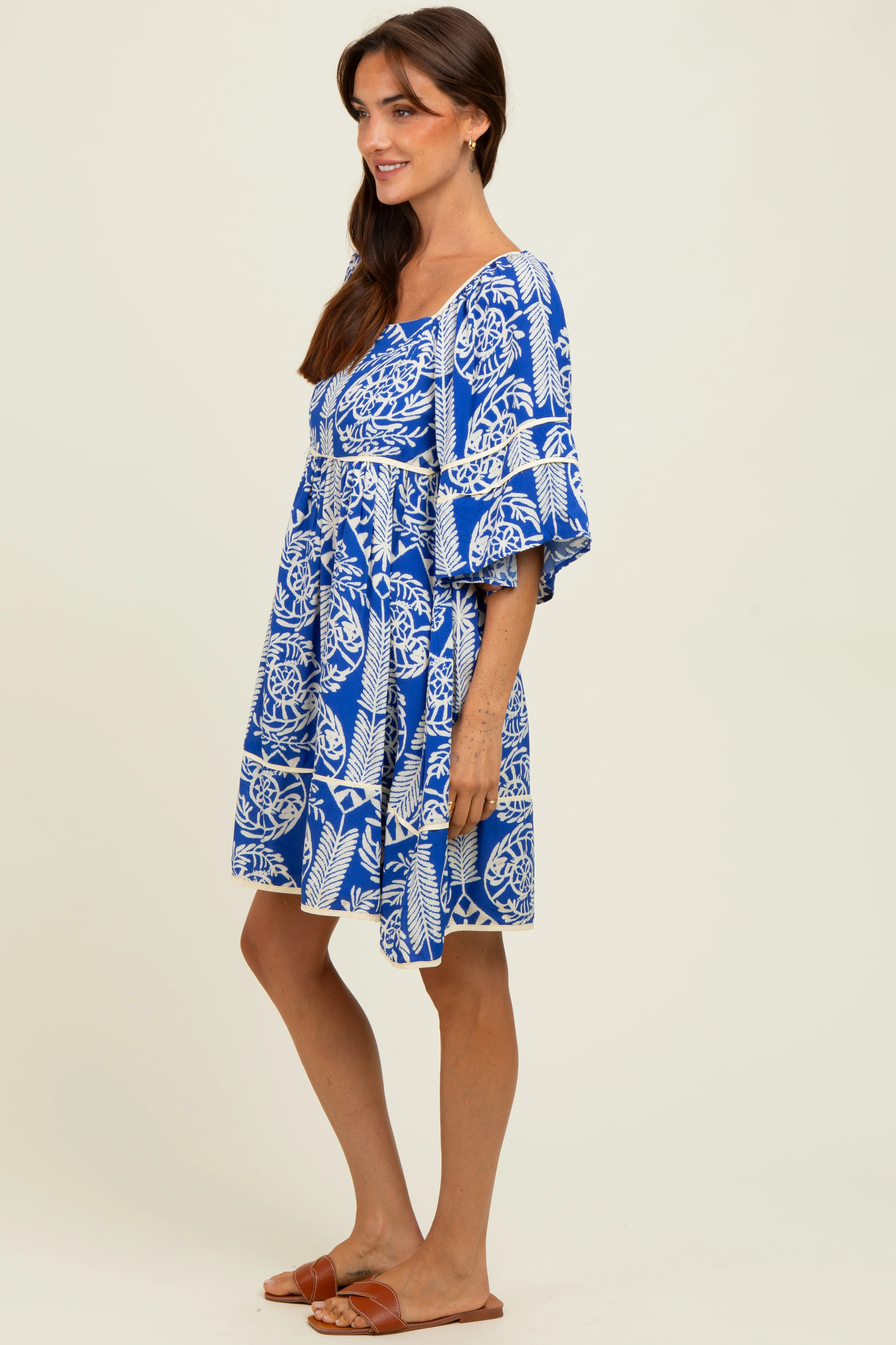 Royal Blue Printed Tie Back Contrast Trim Dress - Image 3