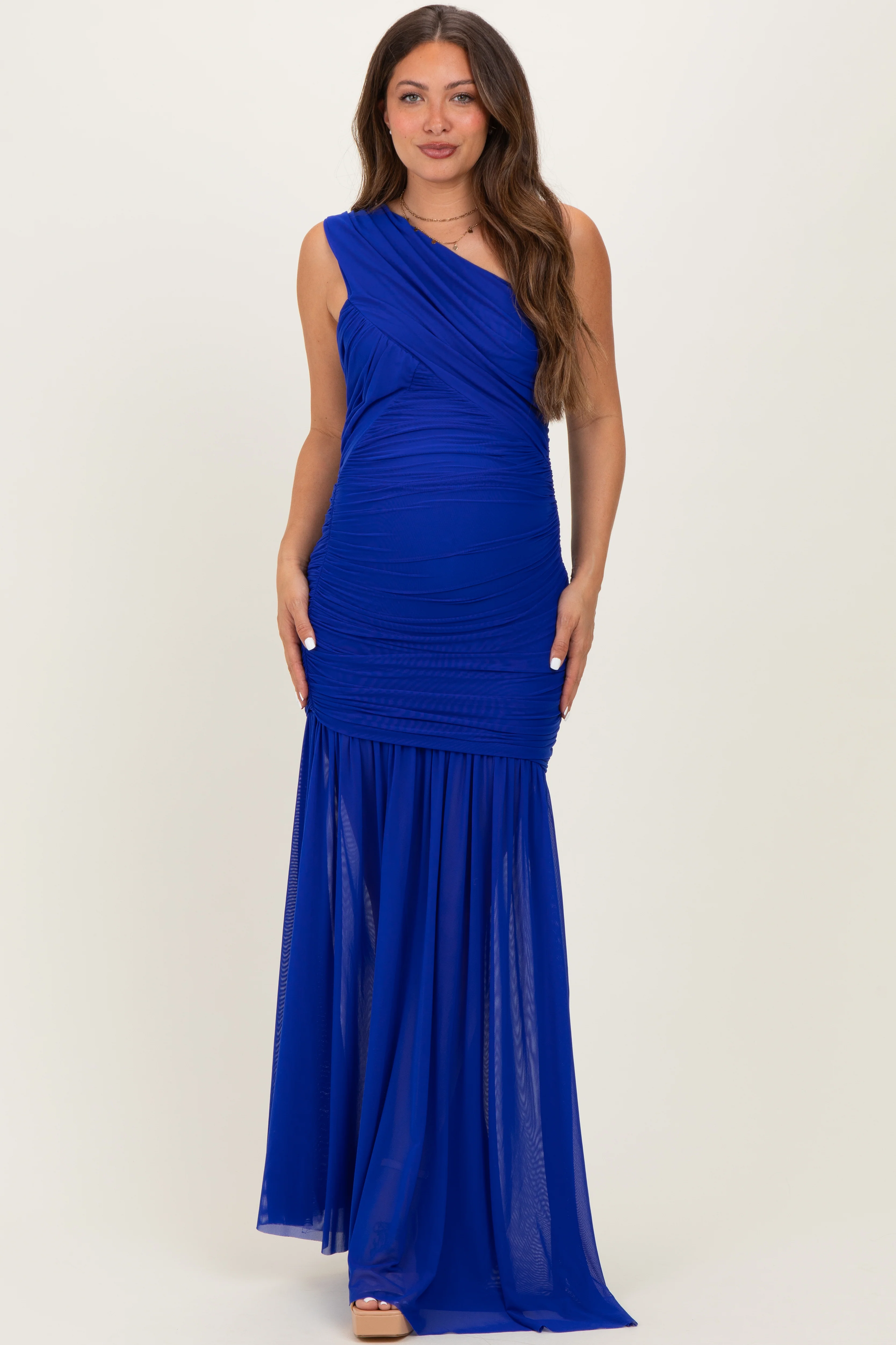 Royal Blue Ruched Mesh One Shoulder Maternity Maxi Dress - Image 2