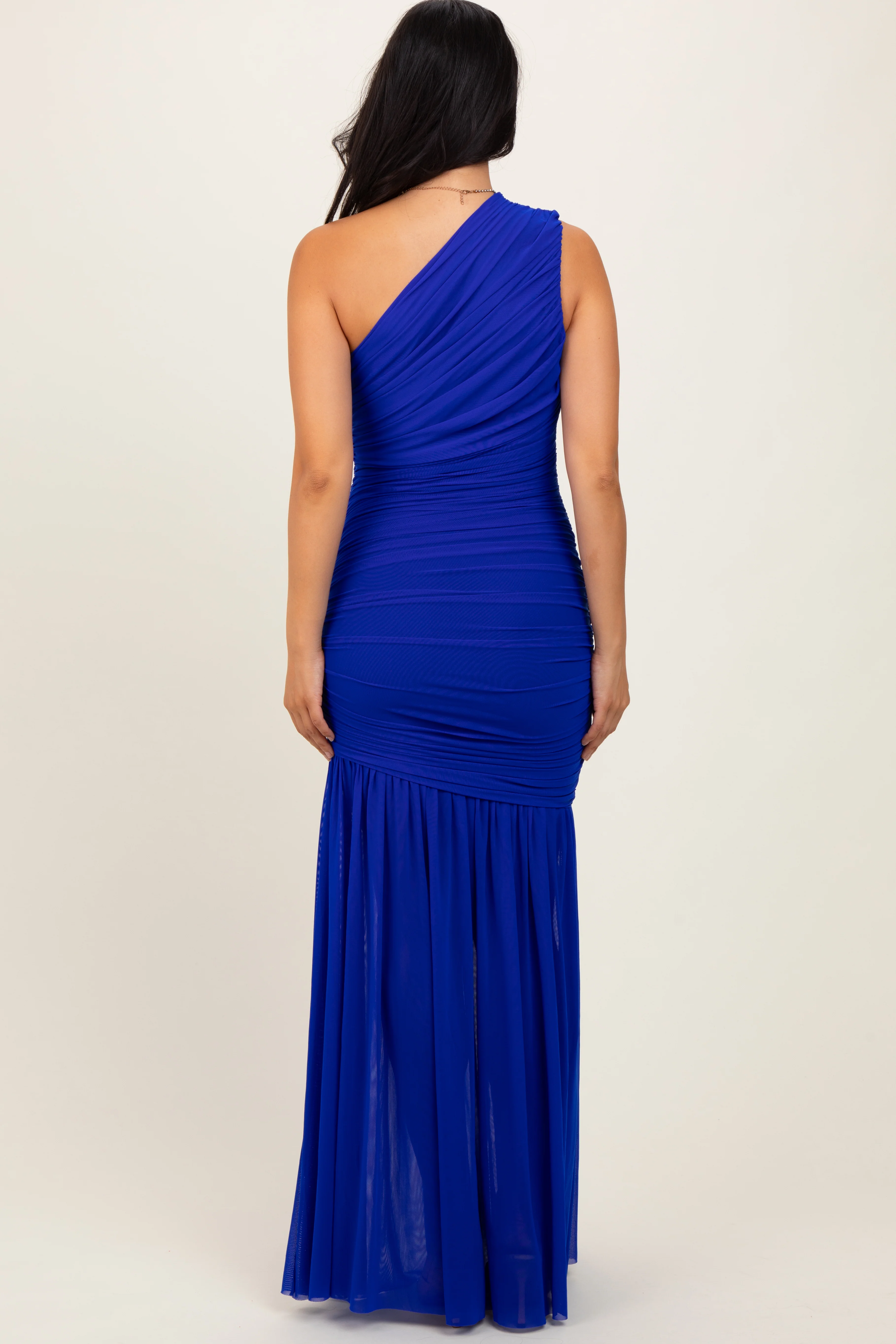 Royal Blue Ruched Mesh One Shoulder Maxi Dress - Image 3