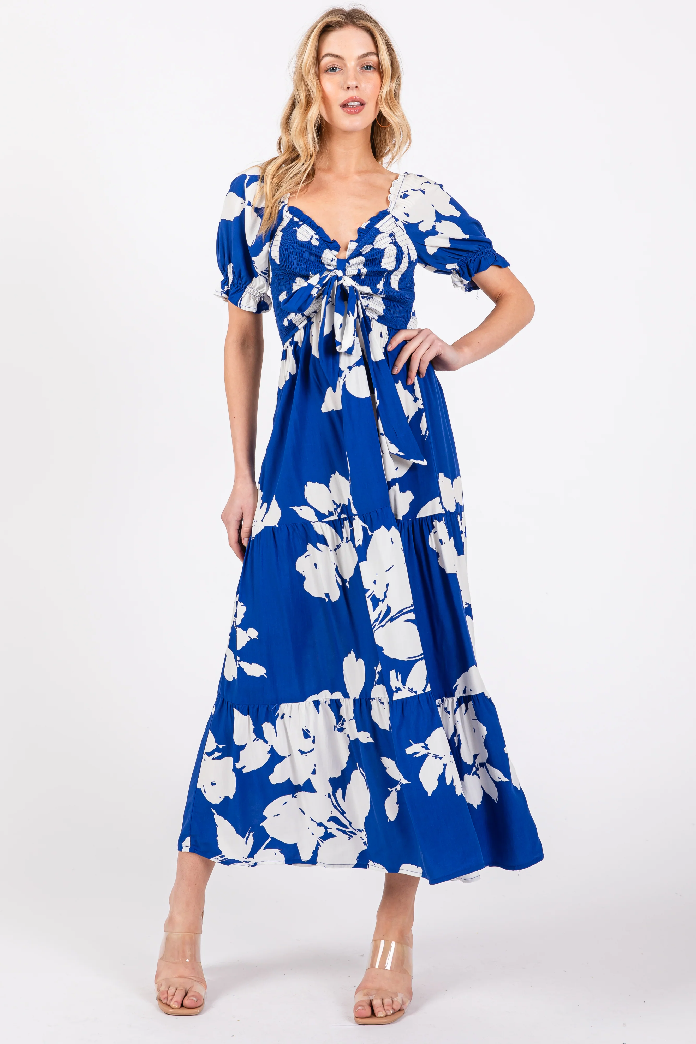 Royal Floral Smocked Knotted Top Maternity Maxi Dress - Image 4
